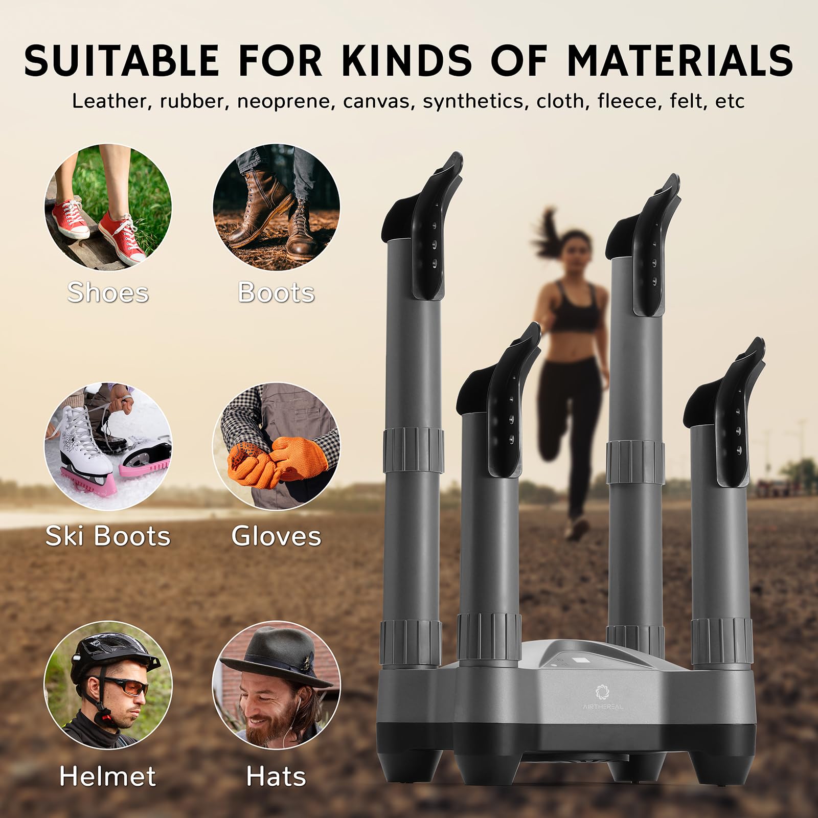 AIRTHEREAL SD20 Secador de Zapatos Eléctrico con Temporizador y Ozono | 110W para 2 Pares a la Vez | Secador Telescópico para Botas de Esquí, Calzado de Trabajo, Zapatillas y Guantes | Gris