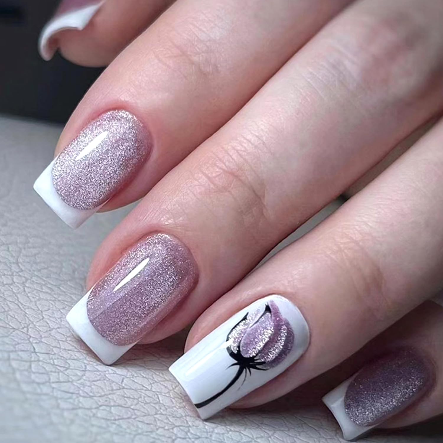 White French Tip Press on Nails,Glossy Glitter Flower Fake Nails,Medium Coffin Shape False Nails,Full Cover Reusable Artificial Nails with Sticky Tabs