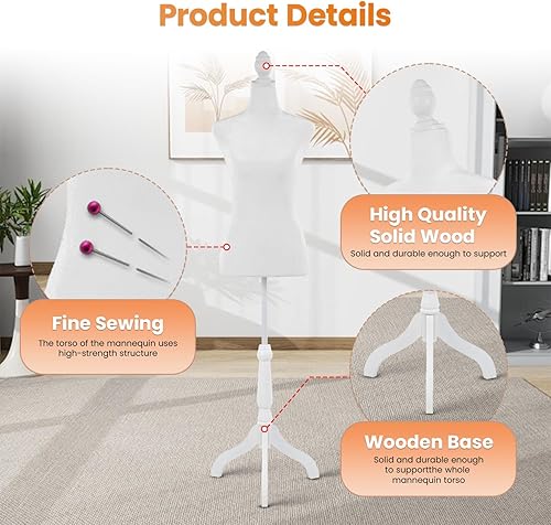Miniatura 7 de Forma de vestido de maniquí, modelo de vestido femenino, cuerpo de maniquí de exhibición de torso, 50-63 pulgadas, altura ajustable, soporte de