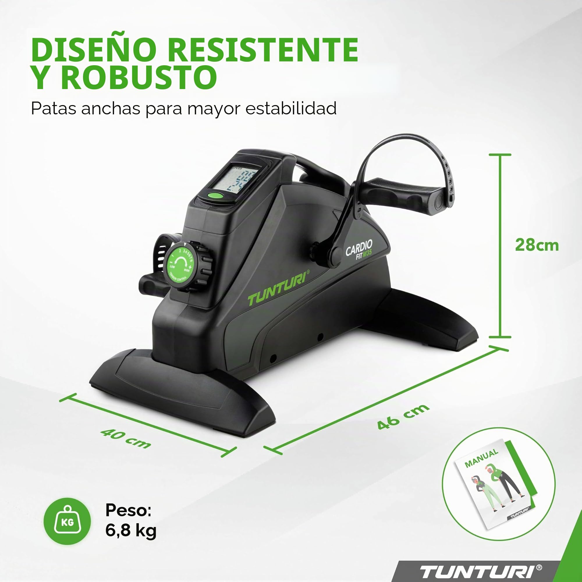 Tunturi Cardio Fit M35 Mini bicicleta estática / Mini Bike / Sistema de freno magnético - con pedales para entrenamiento de brazos y piernas - computadora de Entrenamiento