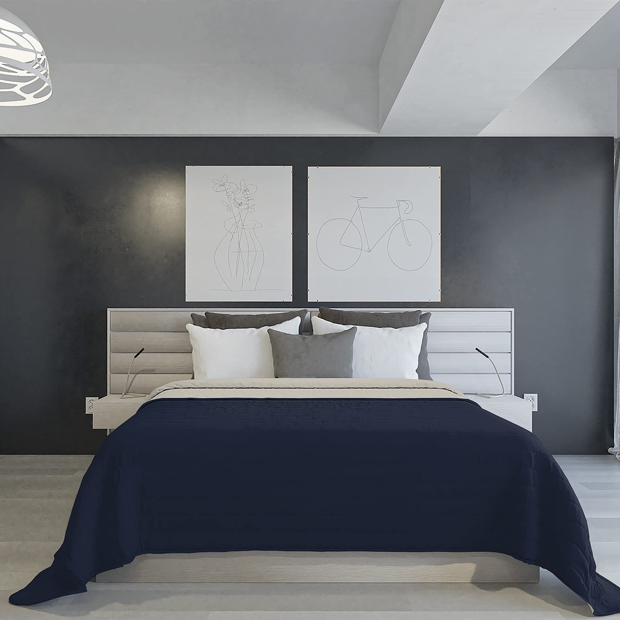 Italian Bed Linen Two-Tone Microfibre Fireproof Summer Down Jacket, Dark Blue/Light Grey, 260 x 270 cm