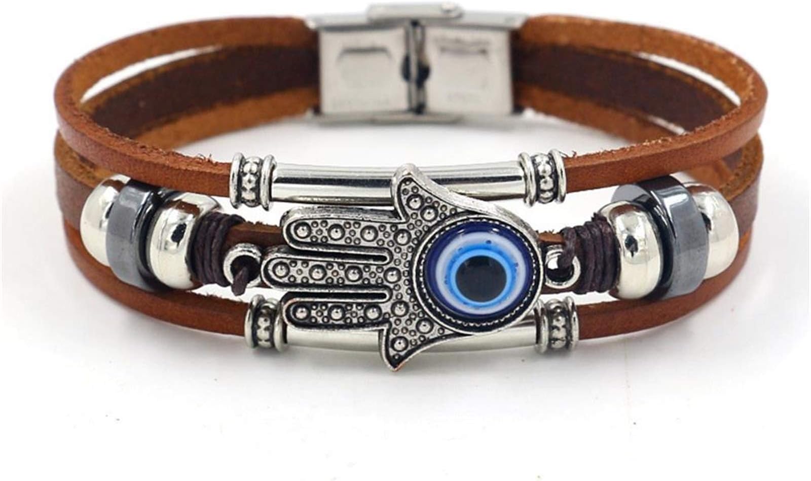 Leather Evil Eye Bracelet Wristband Vintage Three-Row Leather Hamsa Hand Blue Eyes Bracelet Retro Multi-Layer Rope Wrap Bracelet Handmade Devil's Eye Bangle Strand Bracelet Turkish Jewelry