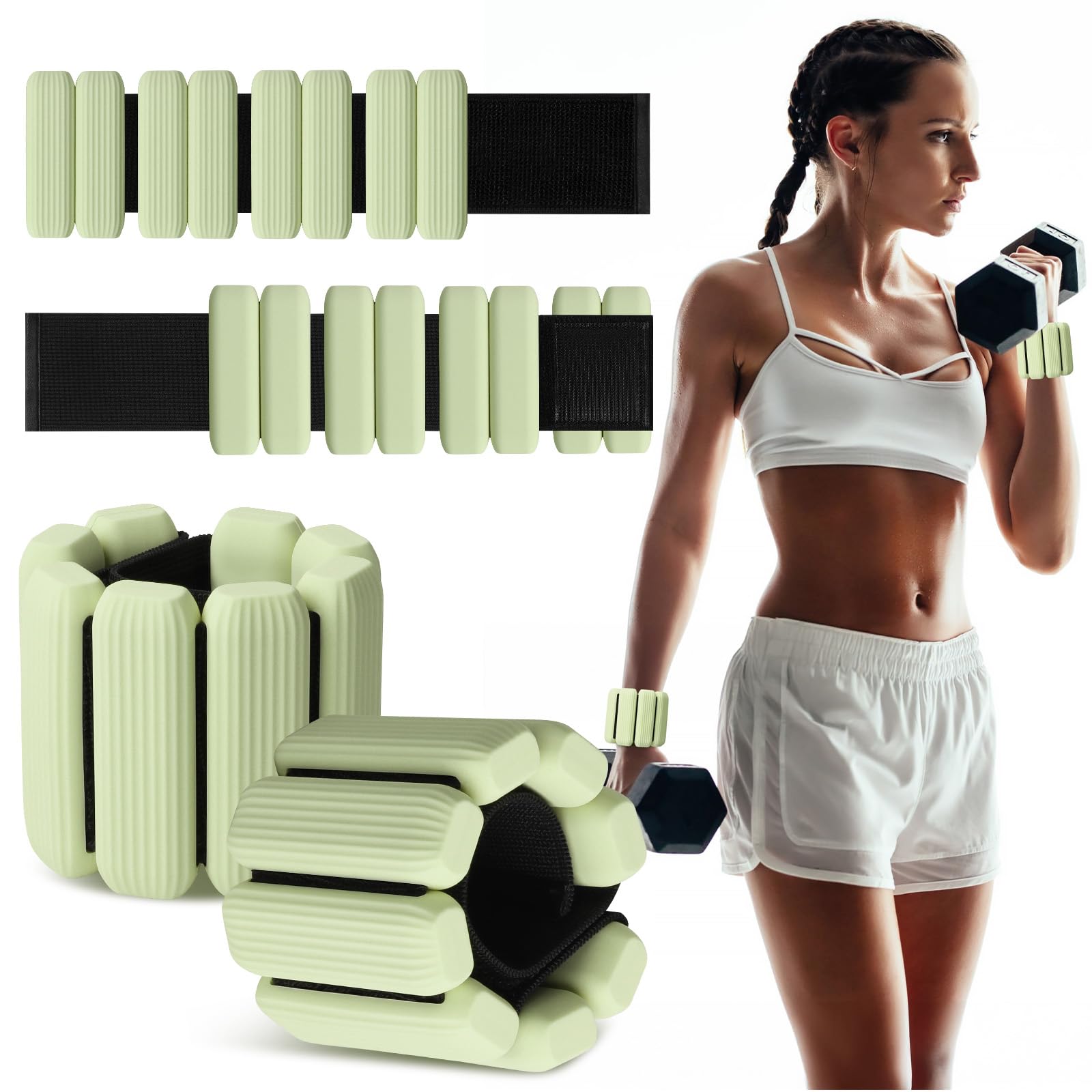 MESUADESI Wrist Weights Set of 2, Wearable Wrist Ankle Weights for Women & Men, Silicone Weighted Bangles Adjustable Arm and Leg Weights for Walking Yoga Pilates Running Dance Gym 2lb (Green)