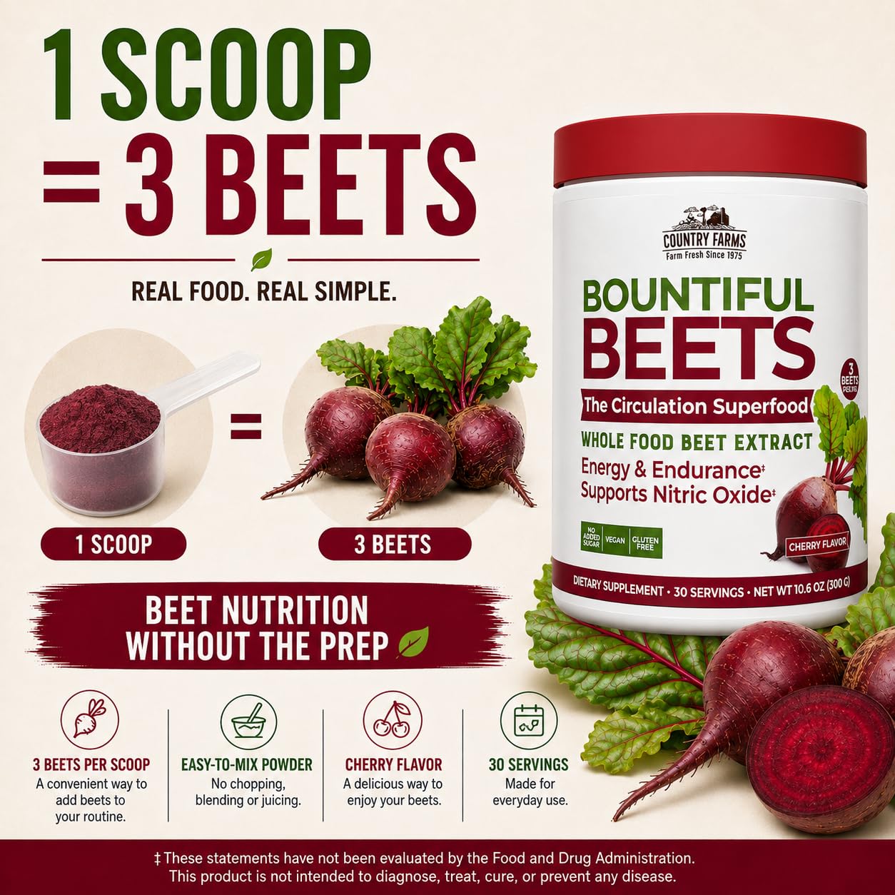 Country Farms Bountiful Beets, Wholefood Beet Extract Superfood, Helps Support Healthy Circulation and Promote Energy, Nitric Oxide Boost, Cherry Flavor, 30 Servings — Amazon image 6
