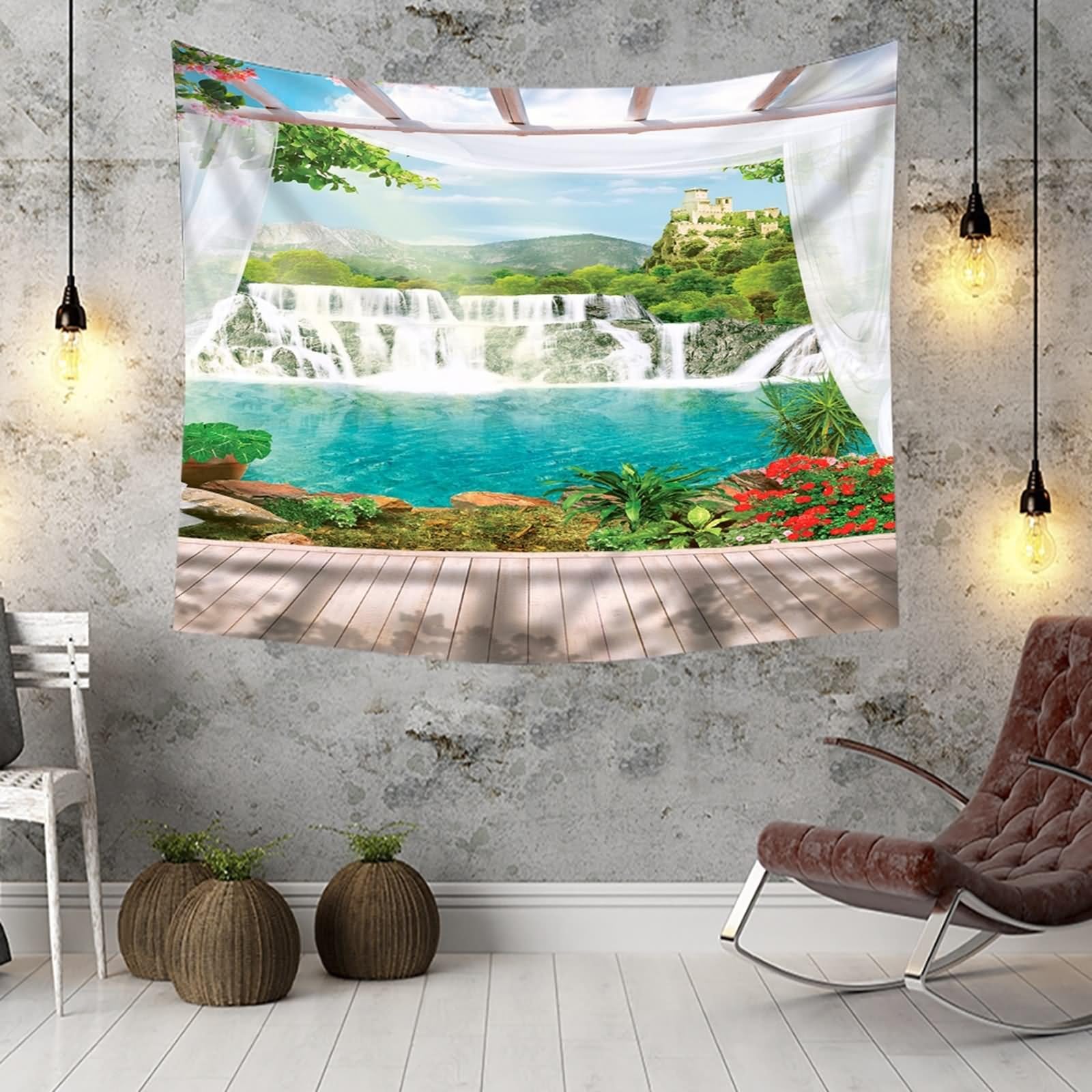 Aotiwe Wandteppich Aesthetic, Wandvorhang Groß Hofberge und Wasserfall Grün Weiß Braun Wandvorhang Boho 260x240cm