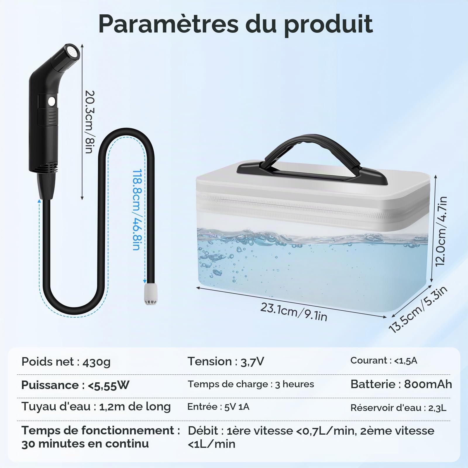 Bidet électrique de voyage 2,3 l, bidet portable avec tuyau de 1,2 m, portable pour toilettes, camping, extérieur, douche musulmane, bouteille périnéale, 2 modes