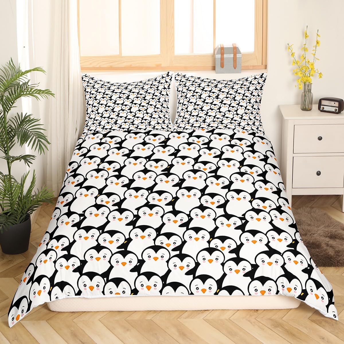 Homemissing Boys Multicoloured 2 Penguin Duvet Cover Set Cartoon Penguin Bedding Set For Kids Girls Cute Animal Comforter Cover Lovely Funny Quilt Cover 2Pcs Single Size