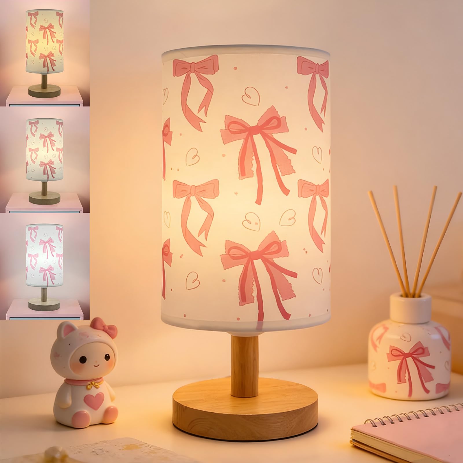 Różowa lampa stołowa z kokardą, 3 kolory lampka nocna do sypialni dziecięcej lampka nocna lampka nocna do pokoju dziewczęcego dekoracyjne światła z kreskówkową tkaniną lnianą abażur lampa biurkowa dla