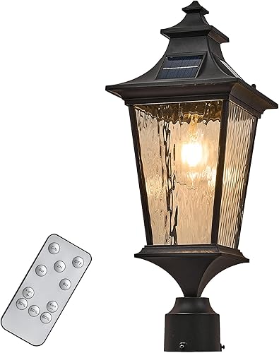 Miniatura 8 de Lámpara solar de aluminio de 20.7 pulgadas, luces de poste de exterior de gran tamaño, con cable duro con ondas de agua, vidrio negro, postes de