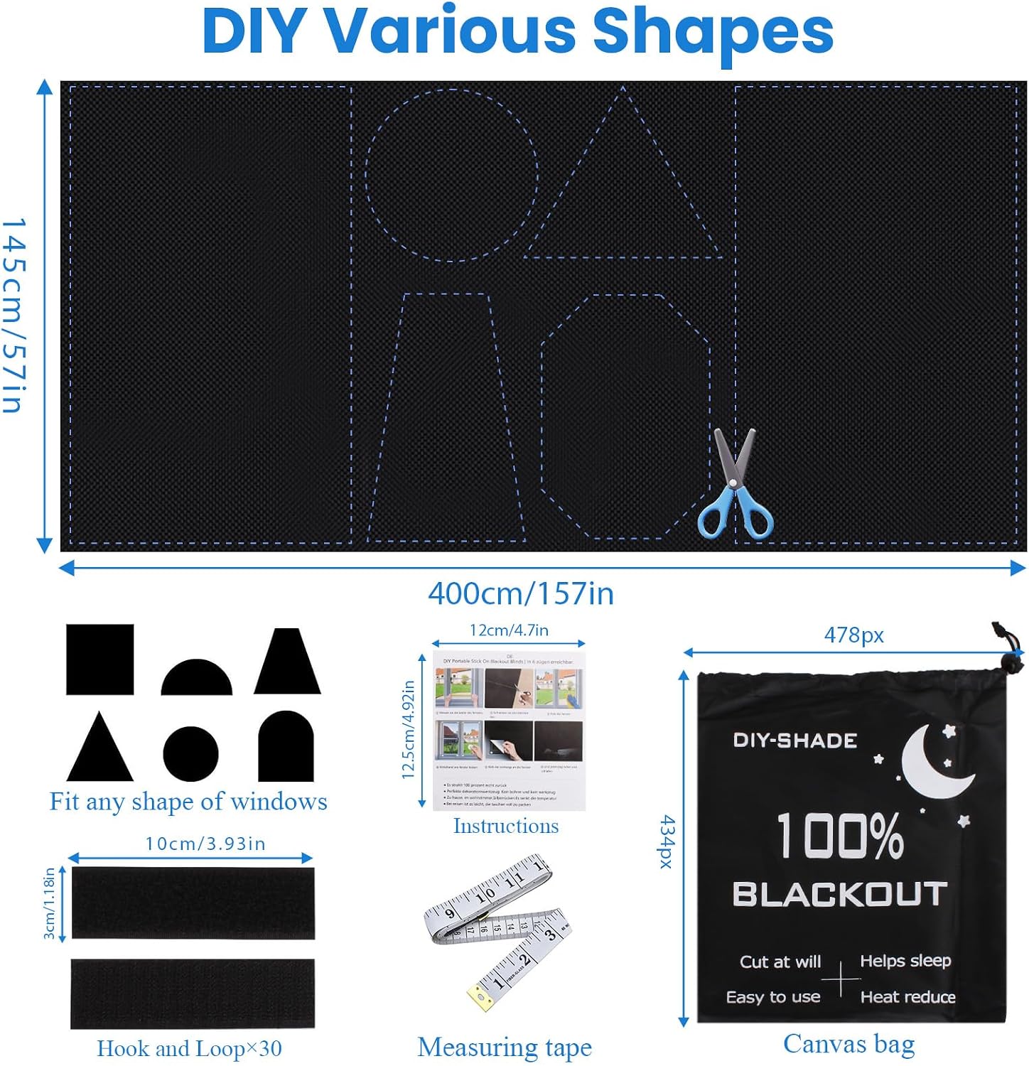 Blackout Window Cover 400x148cm, Portable Blackout Curtains for Bedroom, Temporary Blackout Blinds Window Privacy Film, No Drill Blackout Shades for Media Room Travel Skylight, 30 Hook & Loops, 420D