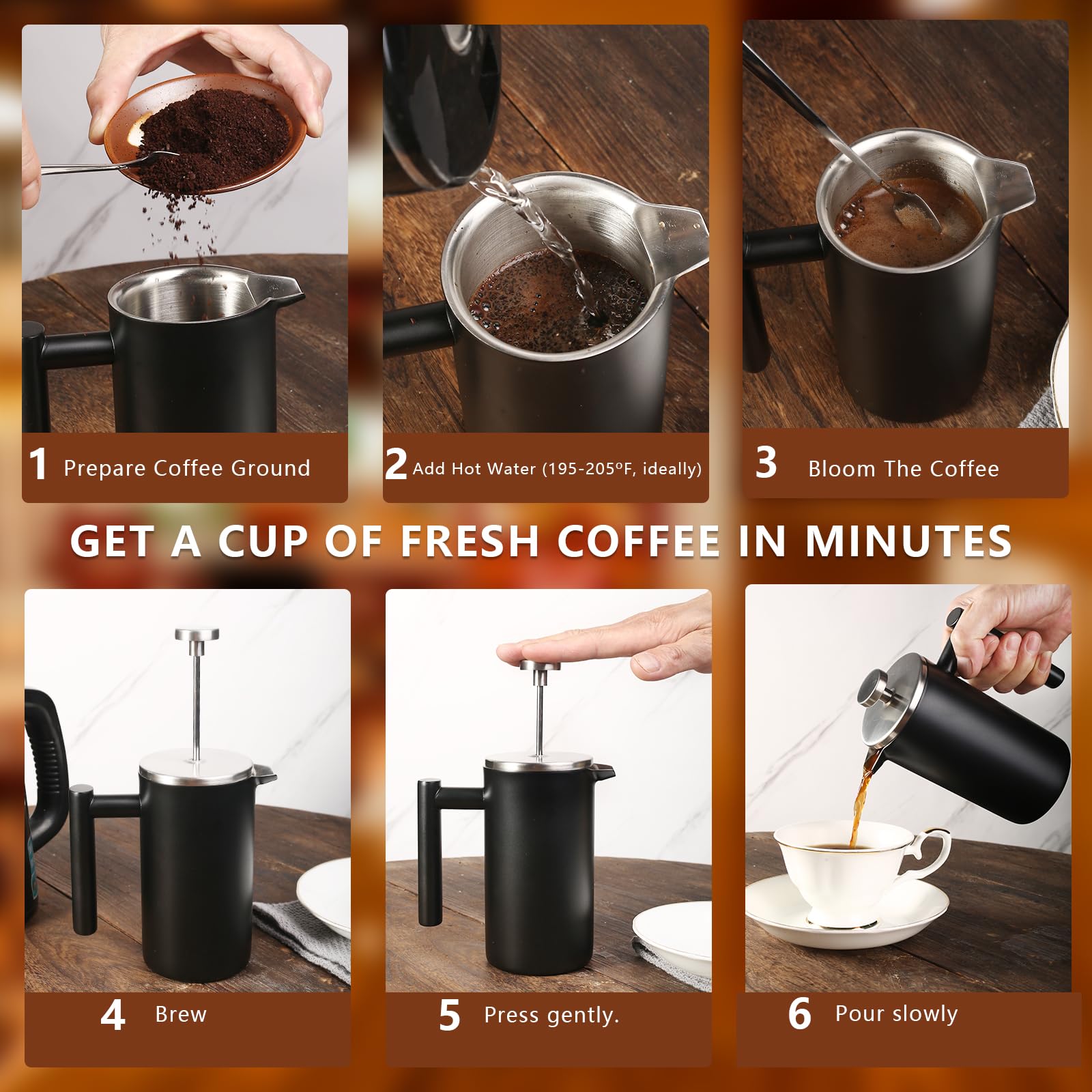 SZHETEFU French Press - Cafetera de prensa francesa grande aislada de acero inoxidable de alta calidad, capacidad de 4 a 6 tazas, cafetera de émbolo de prensa francesa, color negro