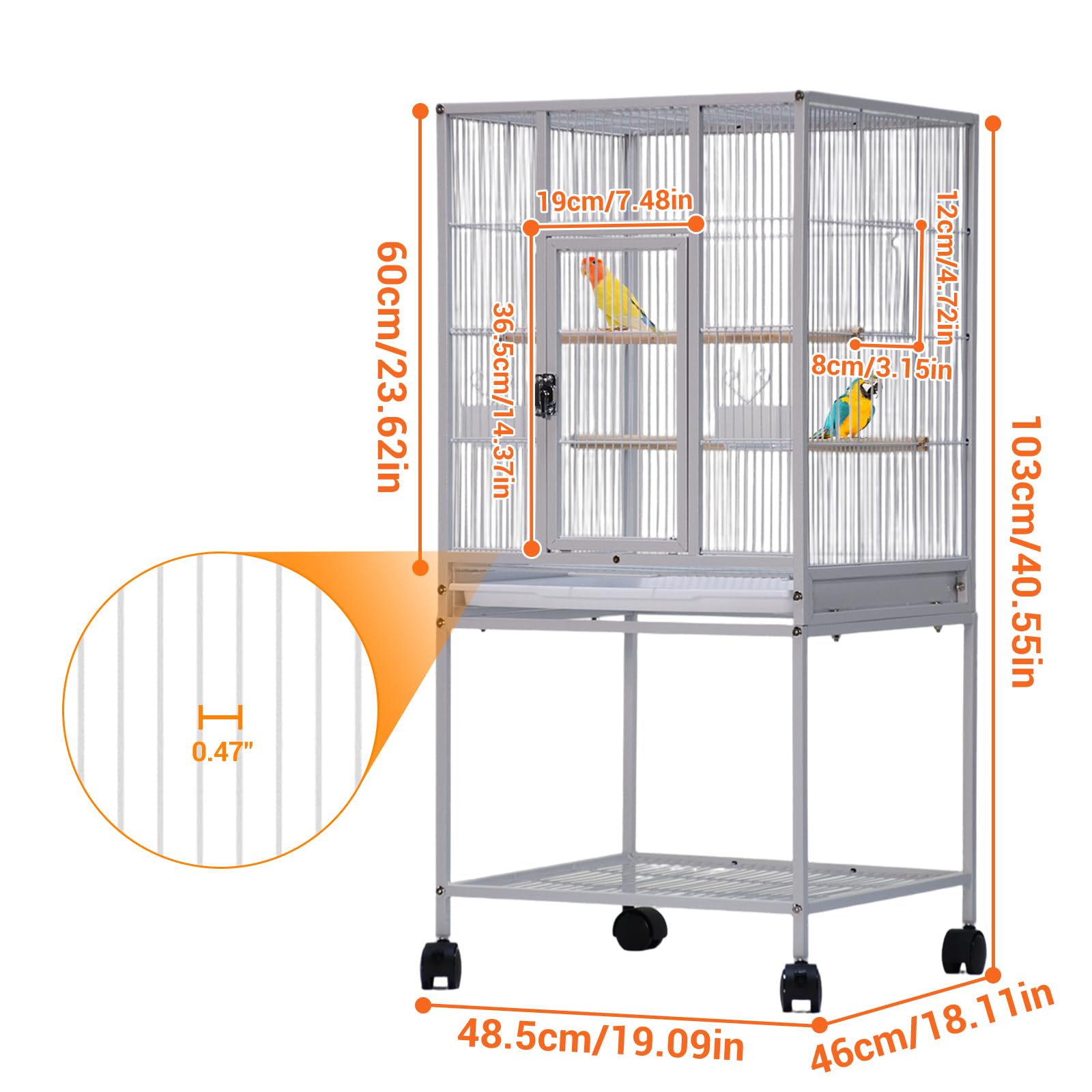 Großer Vogelkäfig 48.5 x 46 x103cm, Vogelvoliere mit 360° Rollen, Sitzstangen, Futternapf und Schmutzwanneneinsatz, Leicht zu Reinigendem Hoher Papageienkäfig Zuchtkäfig