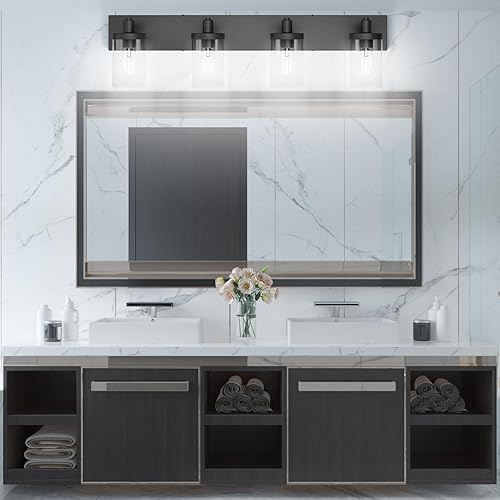 Miniatura 7 de Aipsun Lámpara de tocador de baño, 4 luces, color negro mate, con pantalla de vidrio transparente (no incluye bombilla)