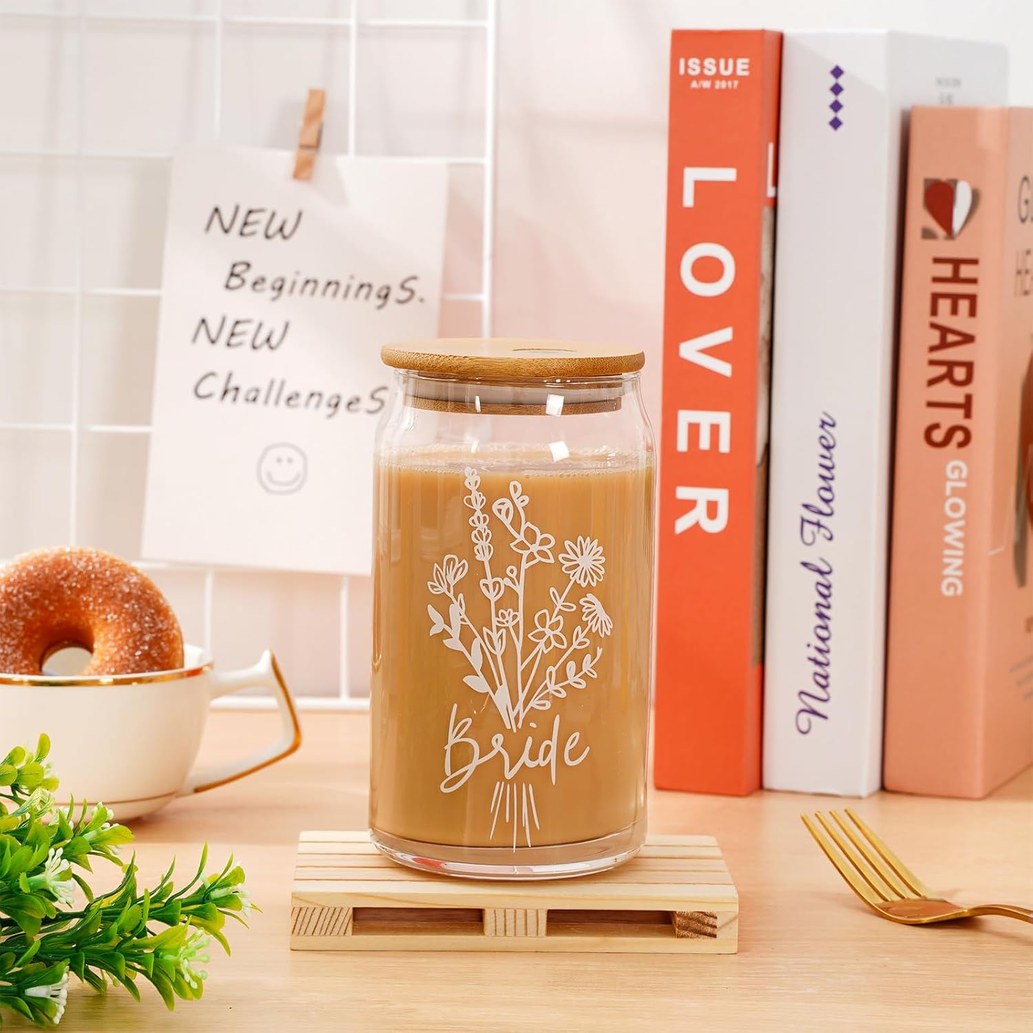 Whaline Bride Wedding Drinking Glasses 16oz Flower Glasses Cup with Bamboo Lids Glass Straw Cleaning Brushes Bride Shower Ice Coffee Cup for Cocktails Whiskey Beer Soda Wedding Gifts - Image 4