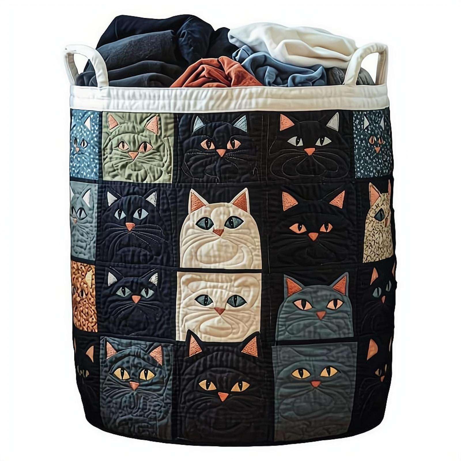 Cat Quilted Laundry Basket - Large Quilted Cat Laundry Basket with Handles,Boho Floral Fabric Storage Hamper,Soft Collapsible Quilted LaundryBasket for Nursery, Bedroom, LaundryRoom,Clothes & Toys