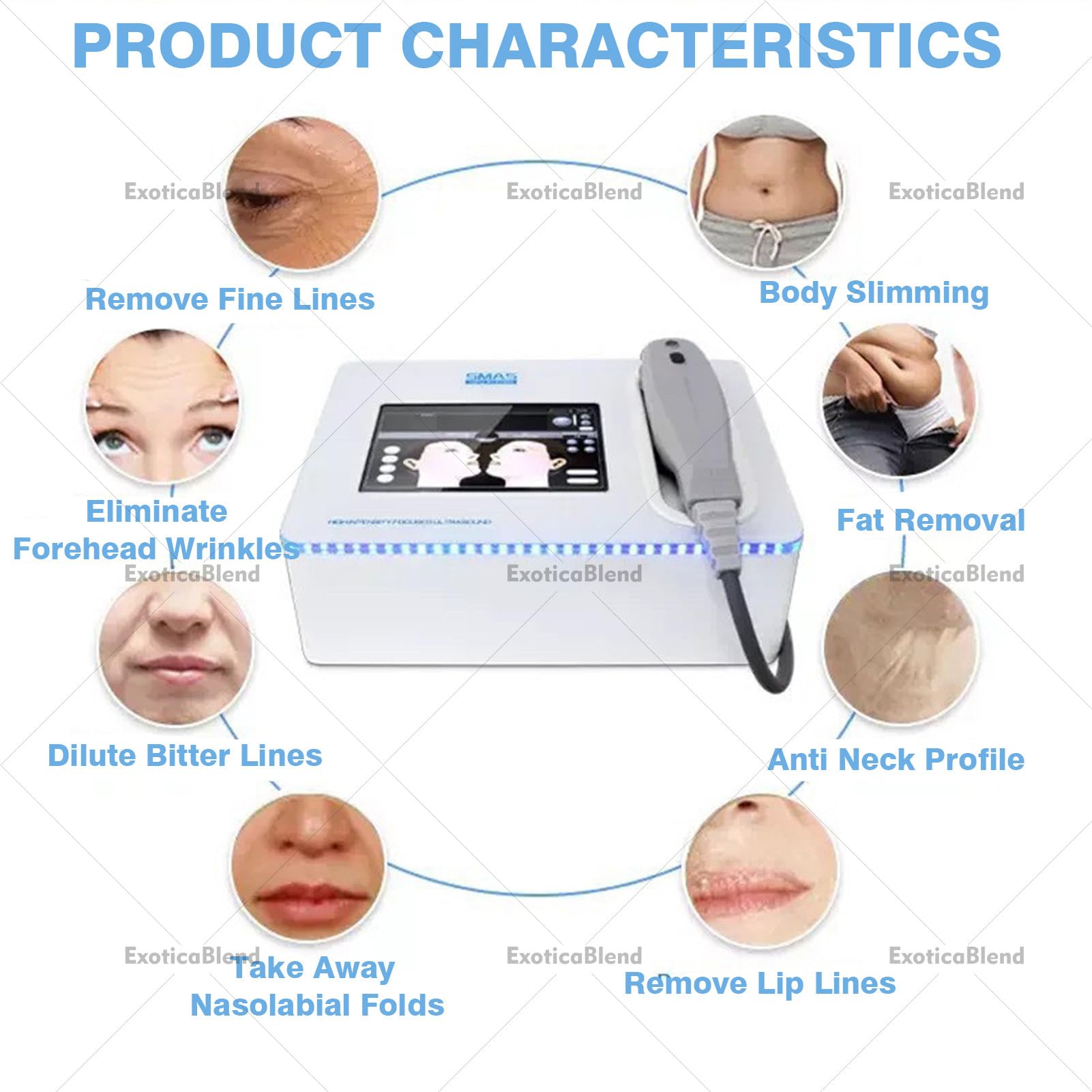 Hautstraffungsgerät, 7D-HIFU-Gerät, Facelift-Gerät mit 5 Kartuschen für intensitätsorientierte HIFU-Ultraschall-Gesichtsbehandlung zur Anti-Aging-Behandlung von Gesicht und Körper