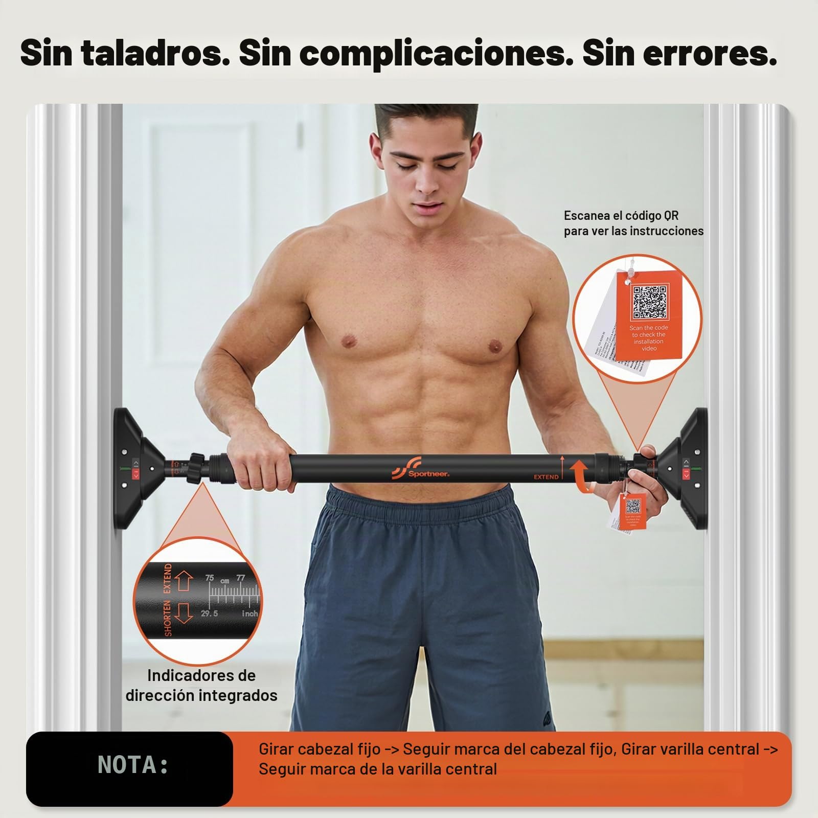 Sportneer Barra de dominadas para puerta, barra de dominadas, sin tornillos, marco de puerta, barra ajustable de 75 a 94 cm, hasta 200 kg de capacidad, barra de entrenamiento