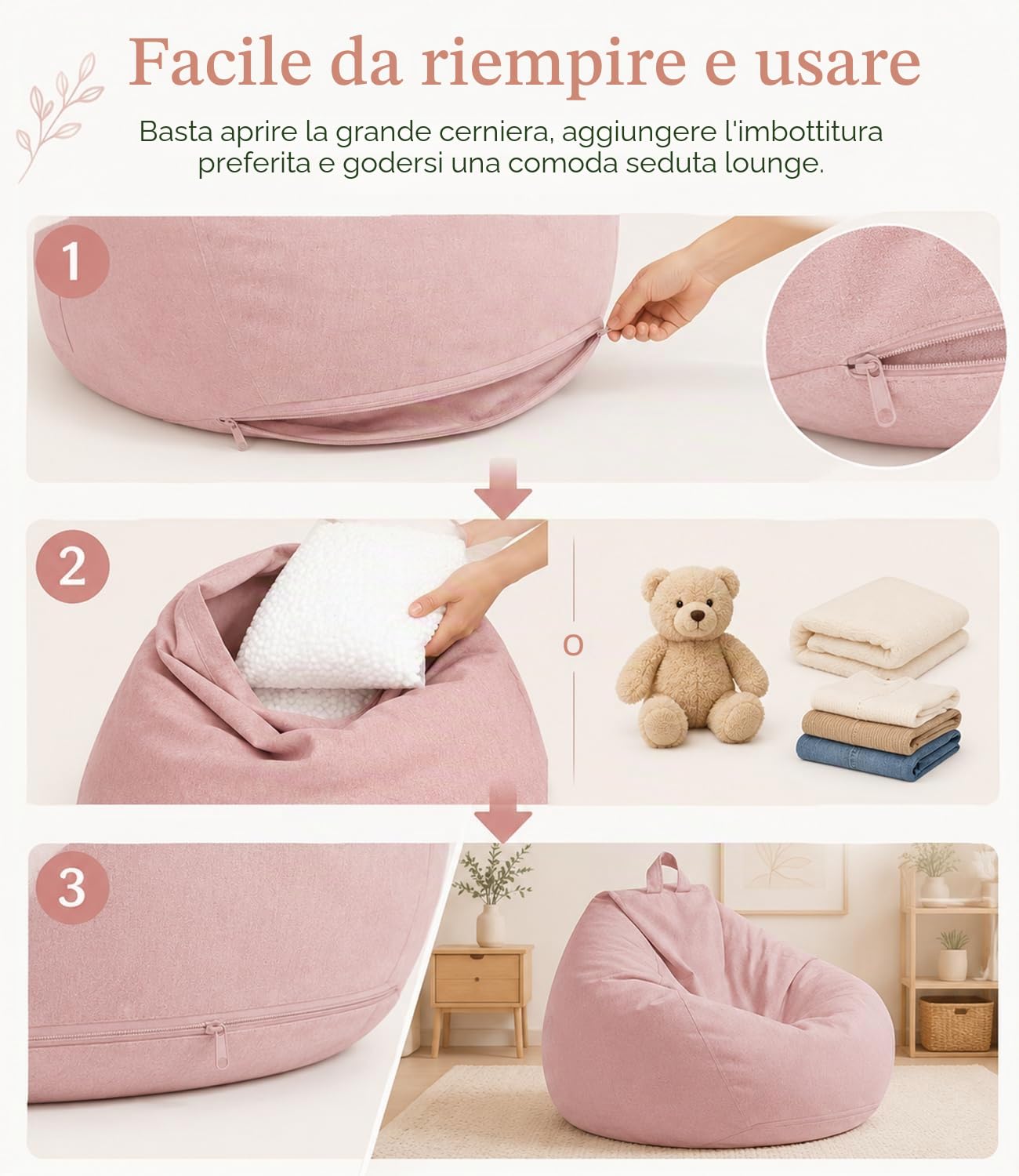 Highdi Poltrona Sacco Adulti 100 x 120 cm - Senza Imbottitura, Cotone e Lino Pouf Sacco Gigante, Rosa Bean Bag Chair per Soggiorno/Camera/Gaming