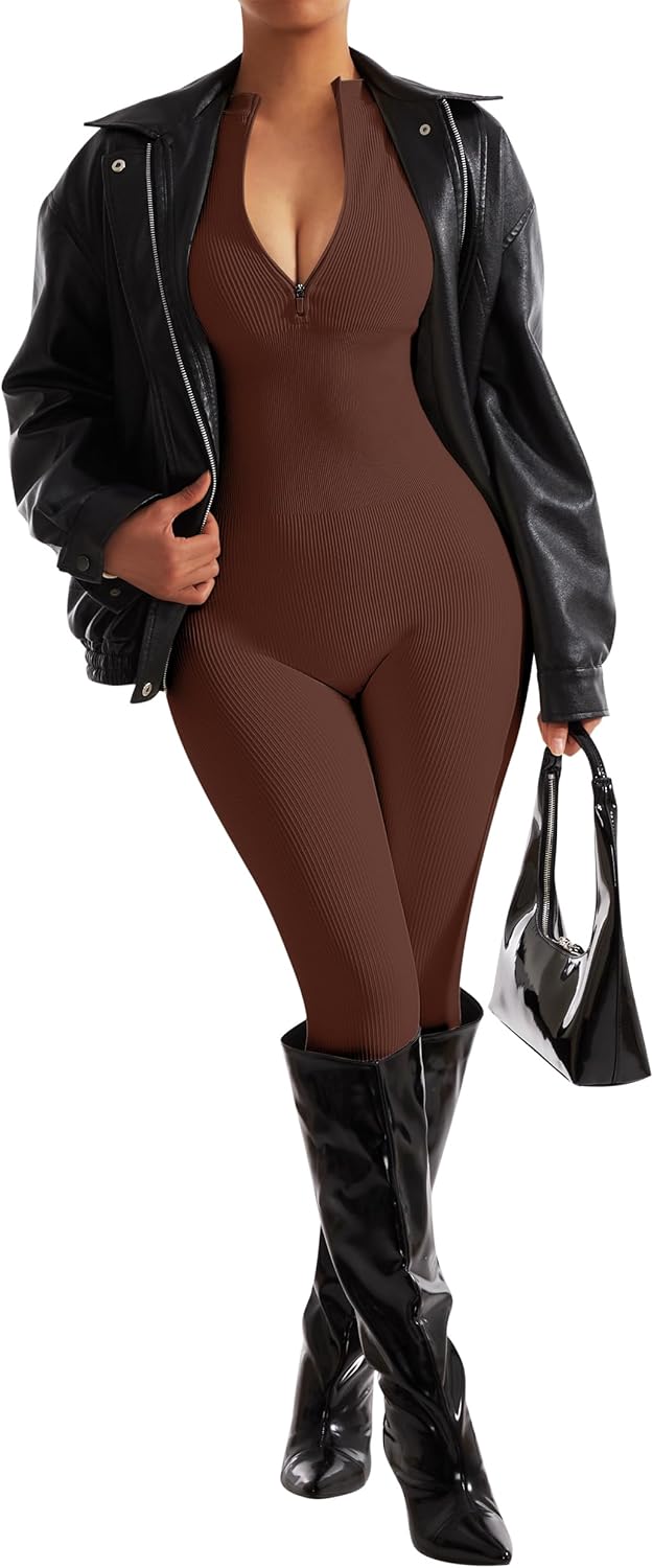 SUUKSESS Women Long Sleeve Ribbed Jumpsuit Zip up Front Workout Bodycon Romper - Image 4