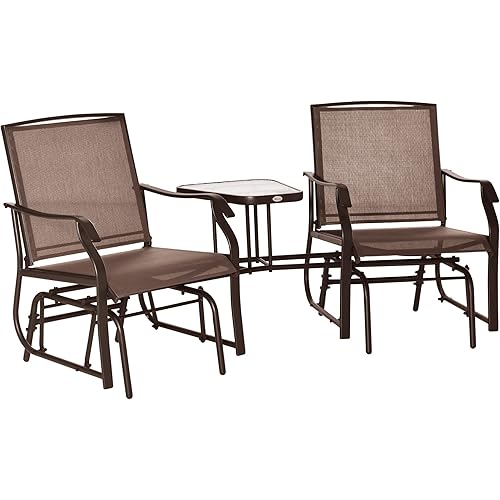 Outsunny Outdoor Glider Chairs with Coffee Table, Patio 2-Seat Rocking Chair Swing Loveseat with Breathable Sling for Backyard, Garden, and Porch, Coffee Brown