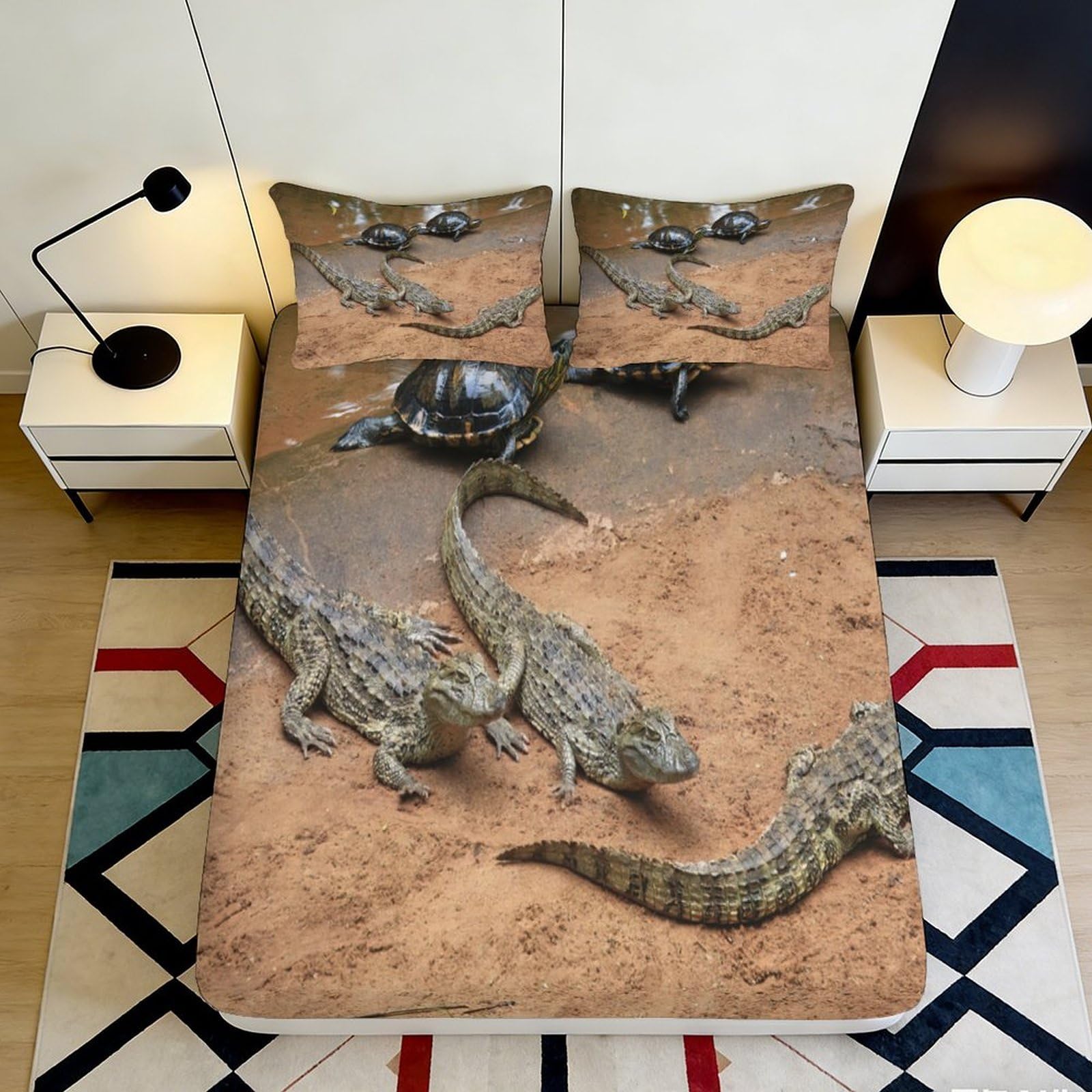 3D Printed Crocodile Pattern Fitted Sheet Microfiber Durable Soft 3D Printed Turtle Mattress Cover for Bedroom Dormitory Guest Room Mattress Protection 120x200x25cm