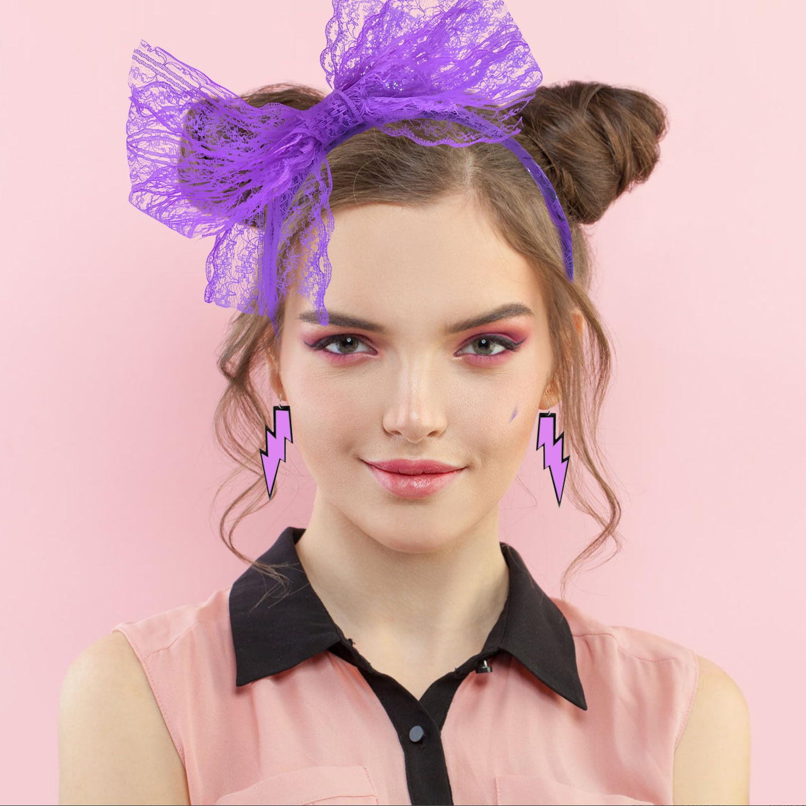 5 Pcs 80s Fancy Dress Costume Accessories, Lace Bow Headband, purple Fishnet Gloves, Earrings - Image 4