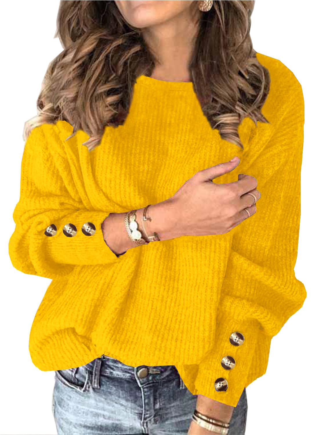 Womens Pullover Sweaters Batwing Long Sleeve Crewneck Casual Loose Knit Jumper Tops with Buttons