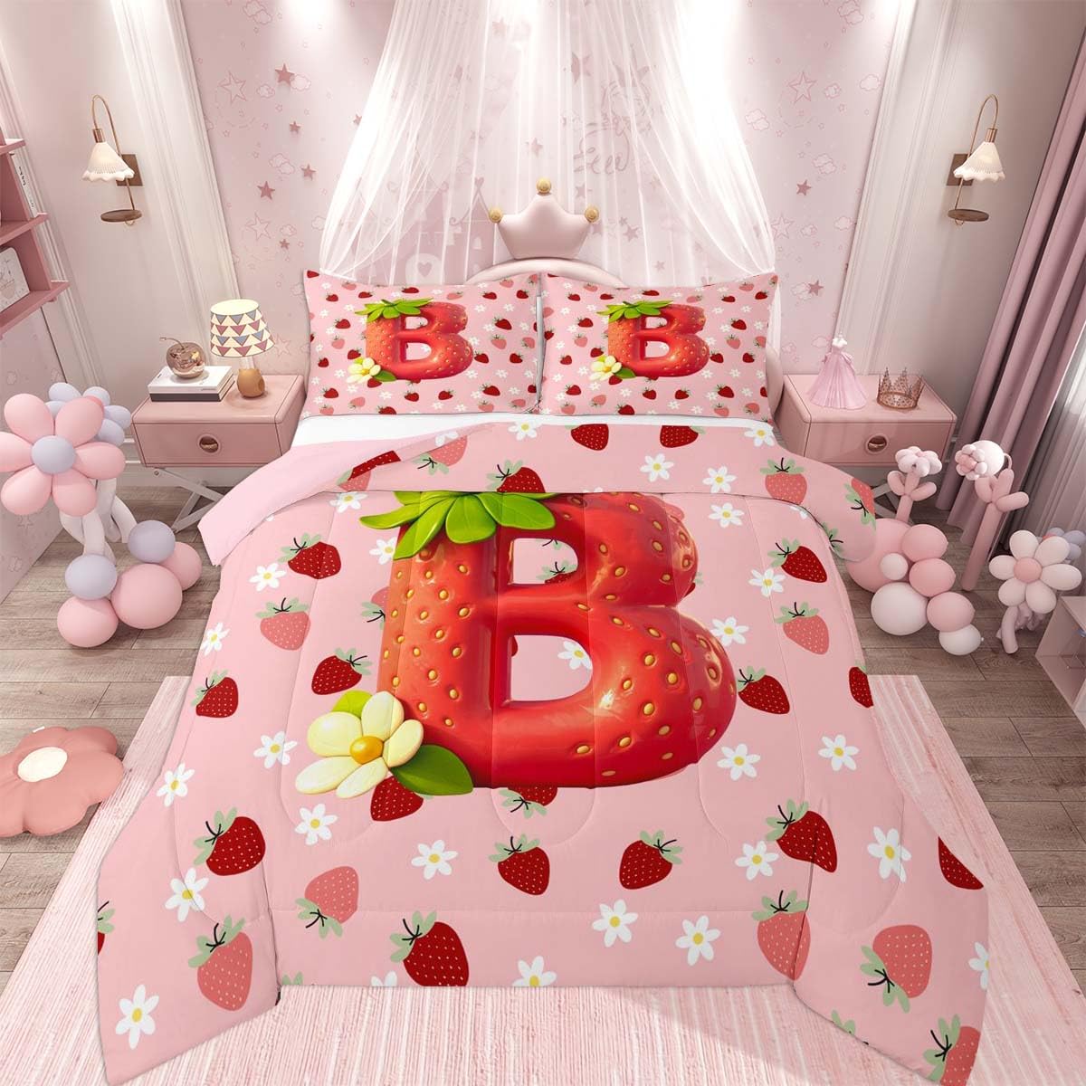 Feelyou Cute Girls Strawberry Bedding Set Soft for Boys Girls, Pink Red Princess Strawberry Comforter Set Queen Size Initial Letter B Duvet Quilt Microfiber Bedroom Decor 3 Pcs with 2 Pillow Cases