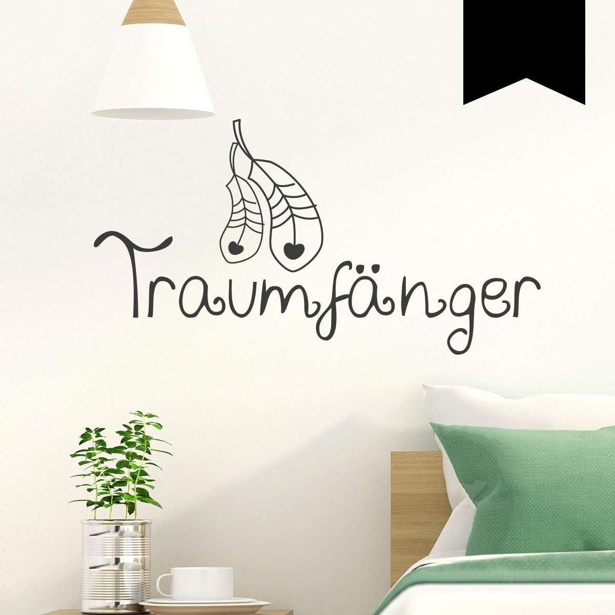 Wandtattoo - Traumfänger (mit 2 Federn und kleinen Herzen) - 125 x 65 cm - Schwarz - Wähle aus 5 Größen & 35 Farben
