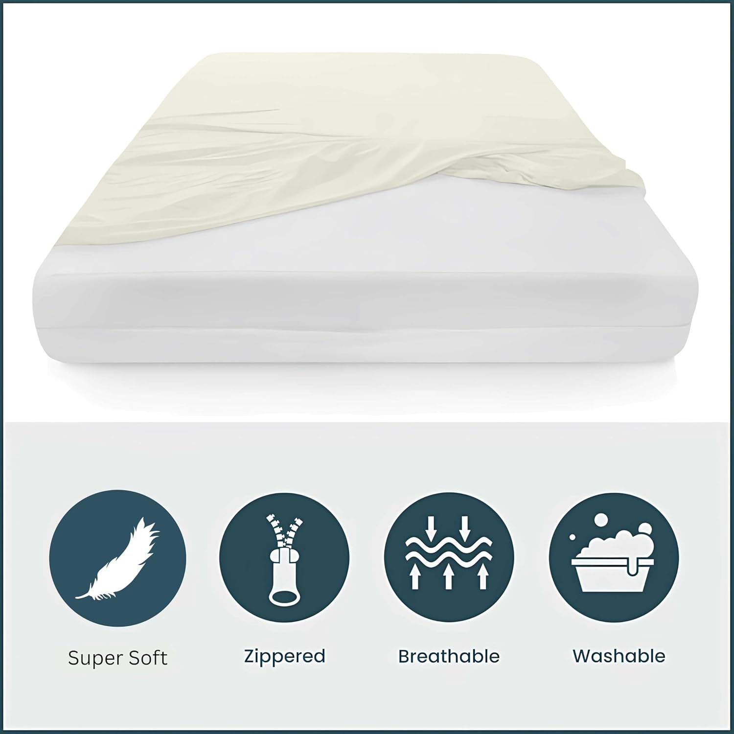 Zipper Fitted Sheet Twin XL - 12 Inch Deep Pocket Microfiber Fitted Sheet - Twin XL Size Mattress Cover, Soft and Durable, Ivory