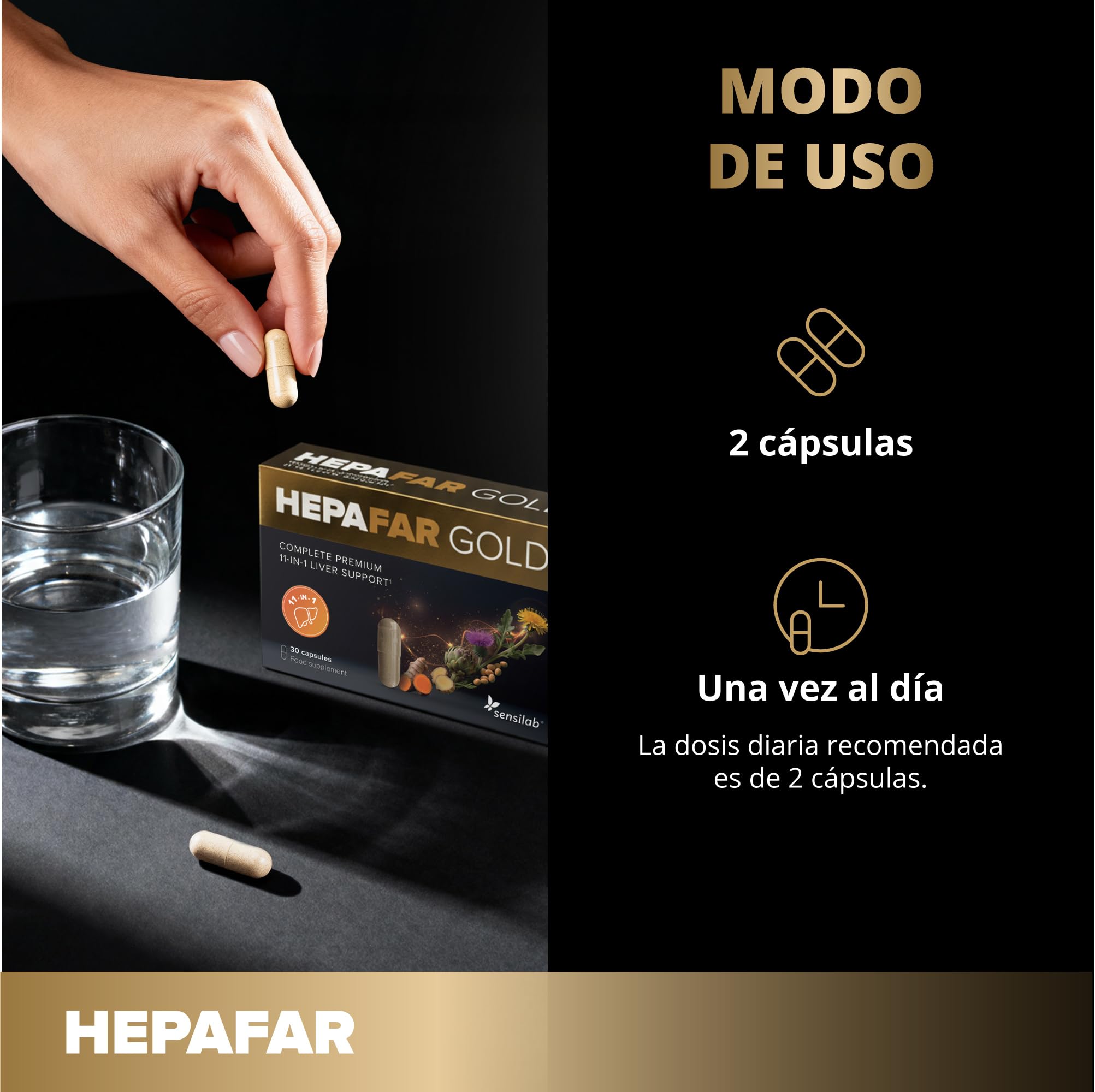 Sensilab Hepafar Gold con Cardo Mariano, Curcuma, Glutation, Colina, Alcachofa, Jengibre, Vitamina E y más - Detox Higado, 60 Cápsulas para 30 Días, Vegano y sin Gluten