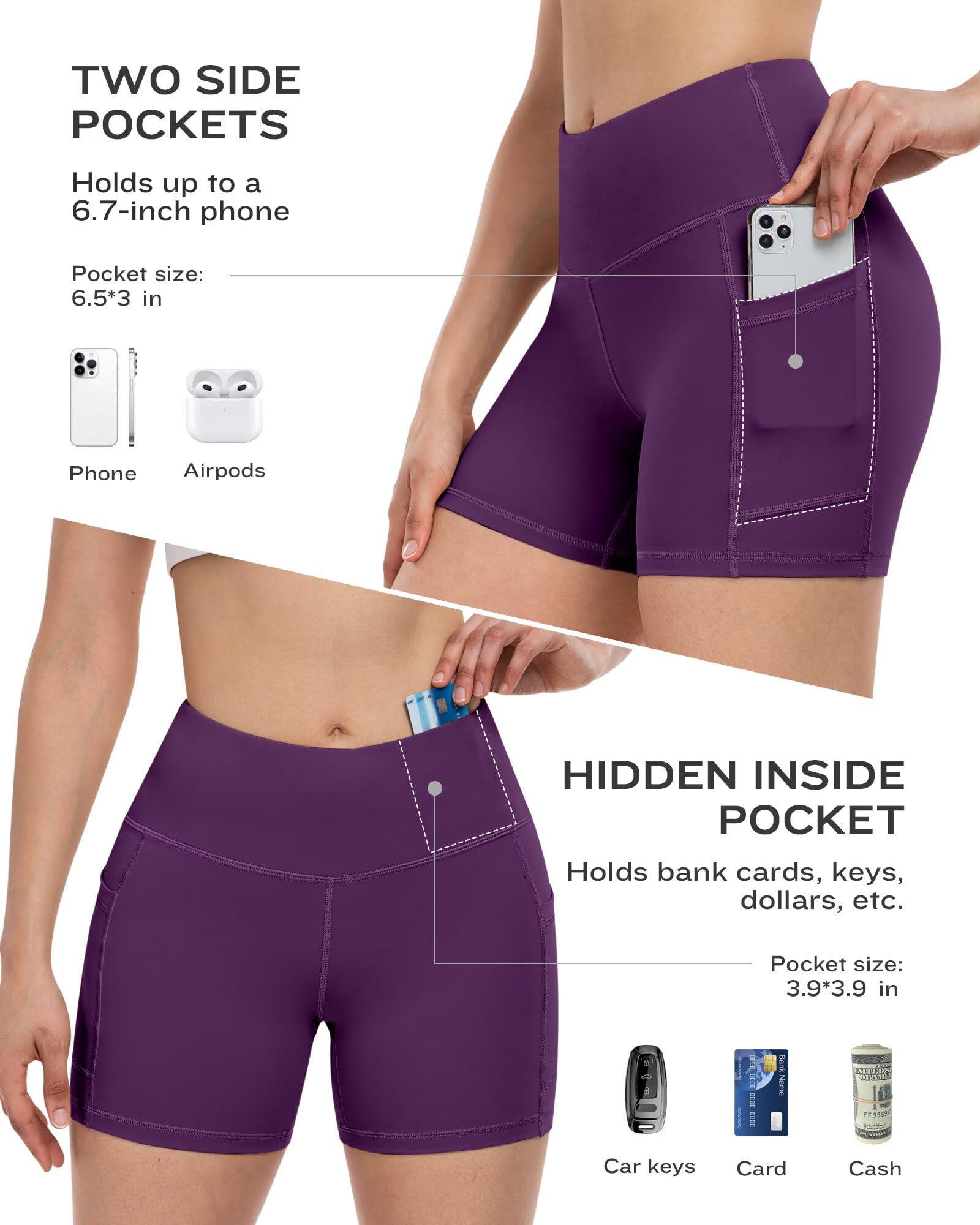 ATHVOTAR Lot de 4 shorts de yoga en élasthanne avec poches pour femme 7,6 cm/12,7 cm/20,3 cm, short de motard gainant le ventre, Noir/gris/violet/cassis, Taille L