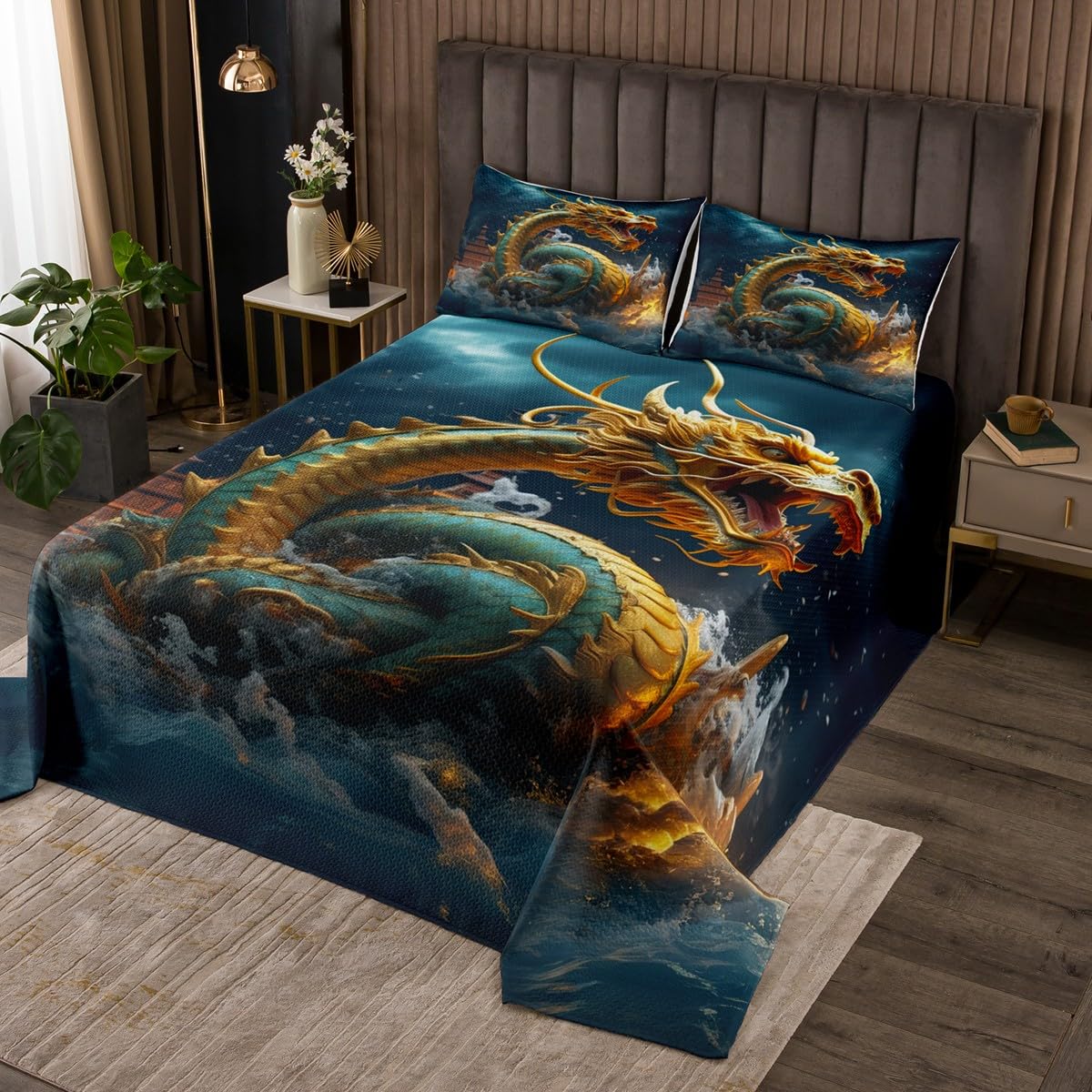 Erosebridal Dragon Bedspread Twin Size Magical Animal Quilt Set, Turqoise Gold Dragon Coverlet Set Psychedelic Galaxy Bedding Set, Aesthetic Outer Space Bed Cover Dragon Gifts for Kids Child