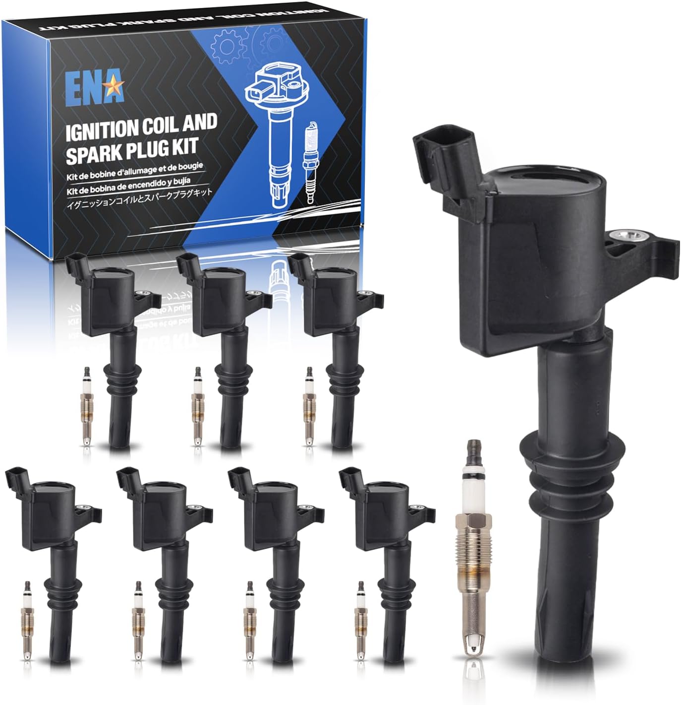 ENA 8 Ignition Coil Pack and Platinum Spark Plug Set 2005-2008 Compatible with Ford Expedition Explorer F150 F250 F350 Super Duty Navigator Mark 5.4L Replace# DG511 SP515 SP546 -Black