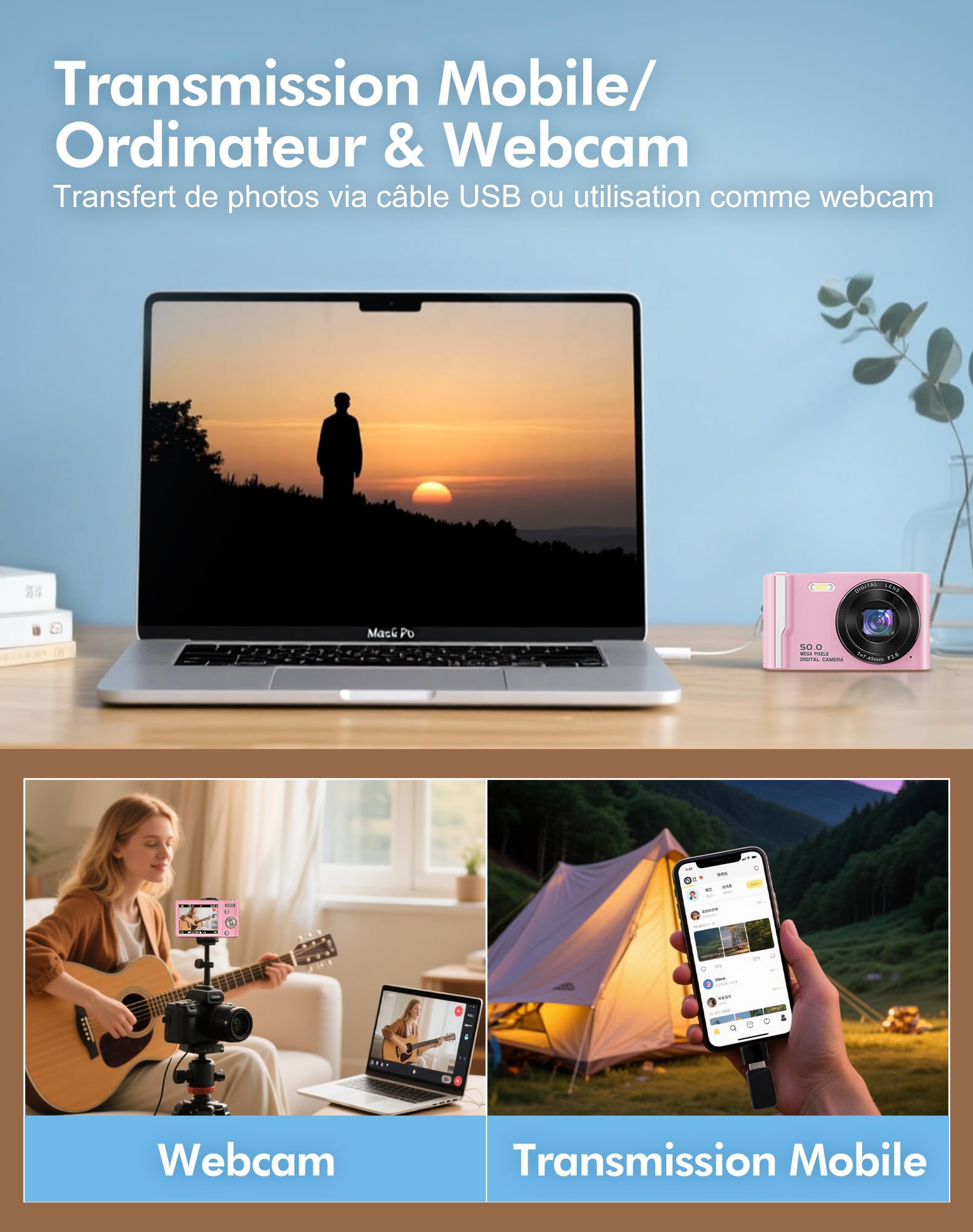 Appareil Photo Numérique Compact Portable 4K, 50MP Autofocus Digital Camera avec Écran IPS 2,8", Zoom Numérique 16X, Carte Mémoire Micro 32 G et Batterie, pour Enfants, Adolescents et Débutant