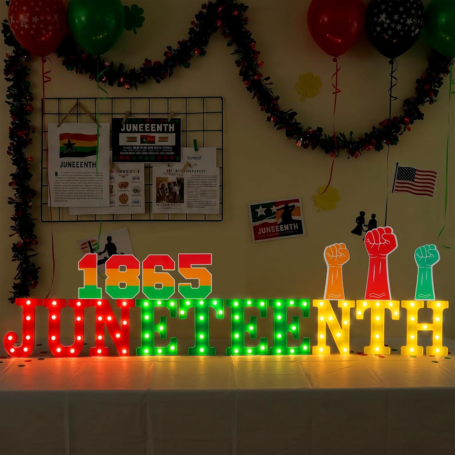 Ganeen 17 Pcs Lighted Juneteenth Table Decoration Plastic LED Juneteenth Table Centerpiece Marquee Light up Letters June 19th 1865 Sign with 1865 Fist Card for Home Mantle Shelf Desktop Tabletop Party
