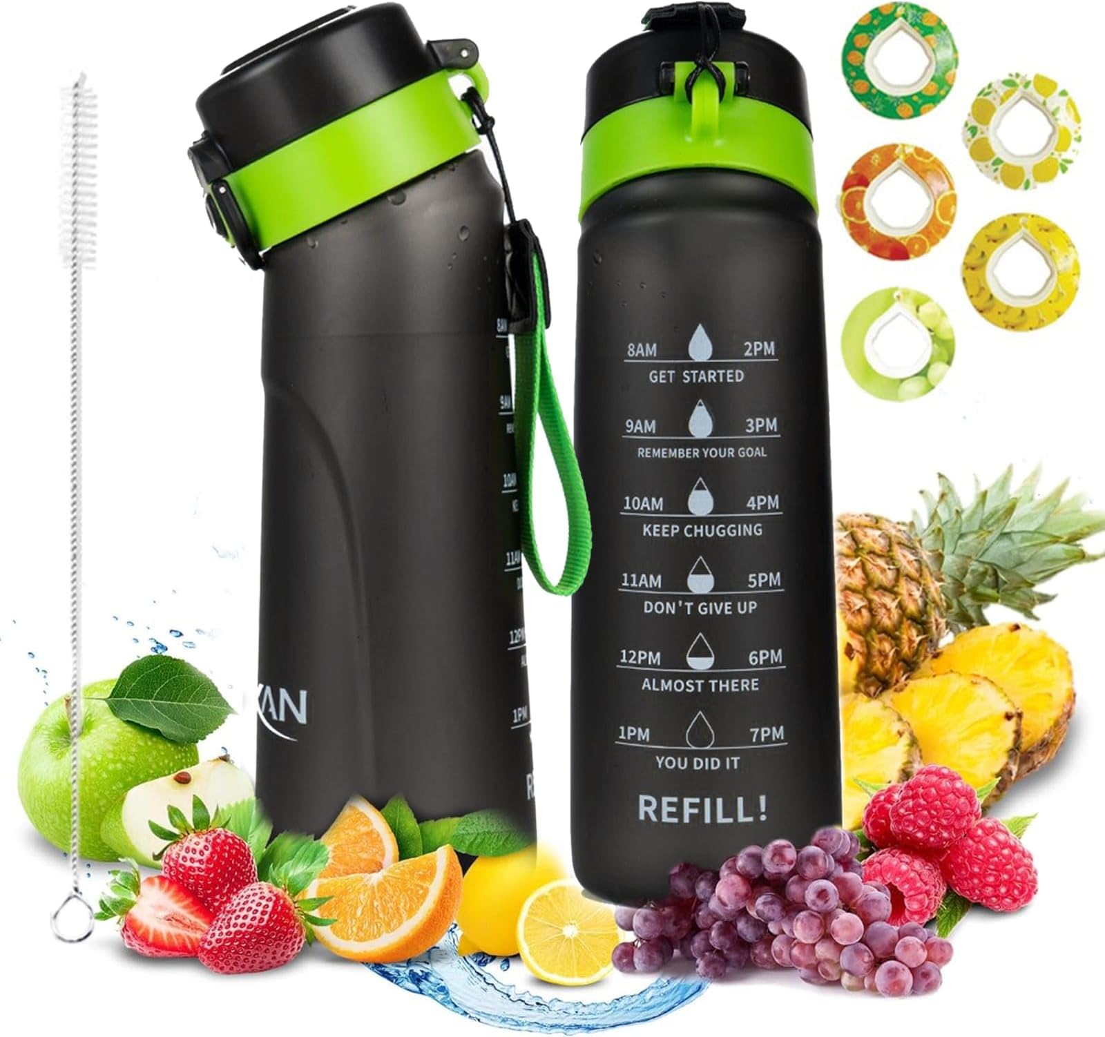 EHXANFlavored Air Up Water Bottle 750 ML, 5 Flavor Air Up Pods Sports Water Bottle with Motivational Time Markers and Straw BPA-Free, for School Kids, Gym,Office,Outdoor (Black)