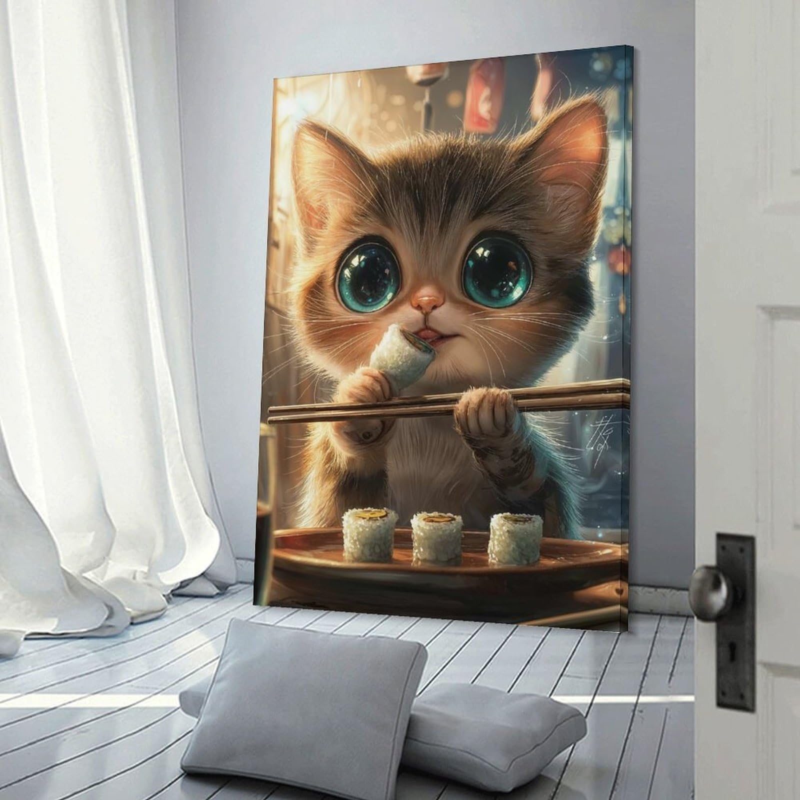 Junmoney Frame-Style-14 Cute Cat Eating Sushi Decorative Wall Artwork, 20X30inch(50X75cm), For Living Spaces, Bedrooms Or Relaxed Rooms, Modern Wall Decor For Cosy Interiors