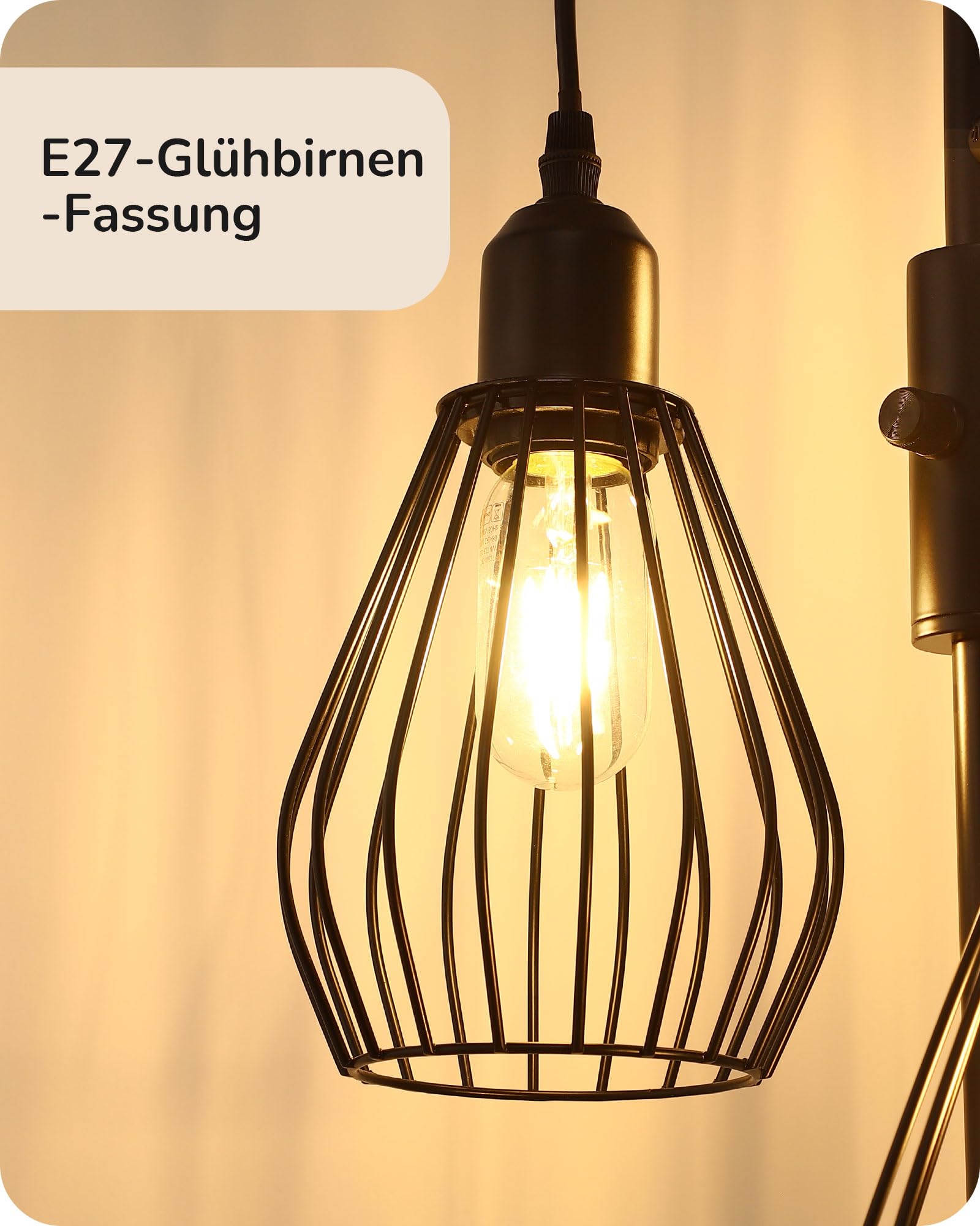 EDISHINE Stehlampe Wohnzimmer, 3-flammige Stehleuchte Dimmbar mit E27 LED-Glühbirnen, Käfig Lampenschirm aus Metall, 2700K warmweiß, Industrial Standleuchte für Schlafzimmer und Büro, 166 cm, Schwarz