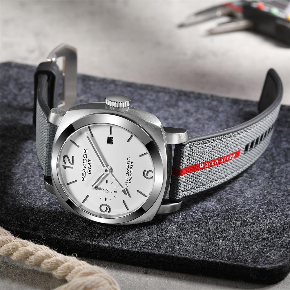 SEAKOSS GMT Uhren für Herren, automatisch, 45 mm, Datum, 10 ATM, wasserdicht, Möwe, ST2557, leuchtendes Edelstahl-Saphirglas, mechanische Armbanduhr, S8441