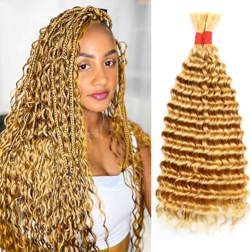Deep Wave Bulk Human Hair for Braiding No Weft 100 g (1 Pack-2 Bundles) 100% Unprocessed Brazilian Virgin Human Hair Bulk Human Braiding Hair For Micro Braids Curly Deep Bulk 18 inch Honey Blonde #27