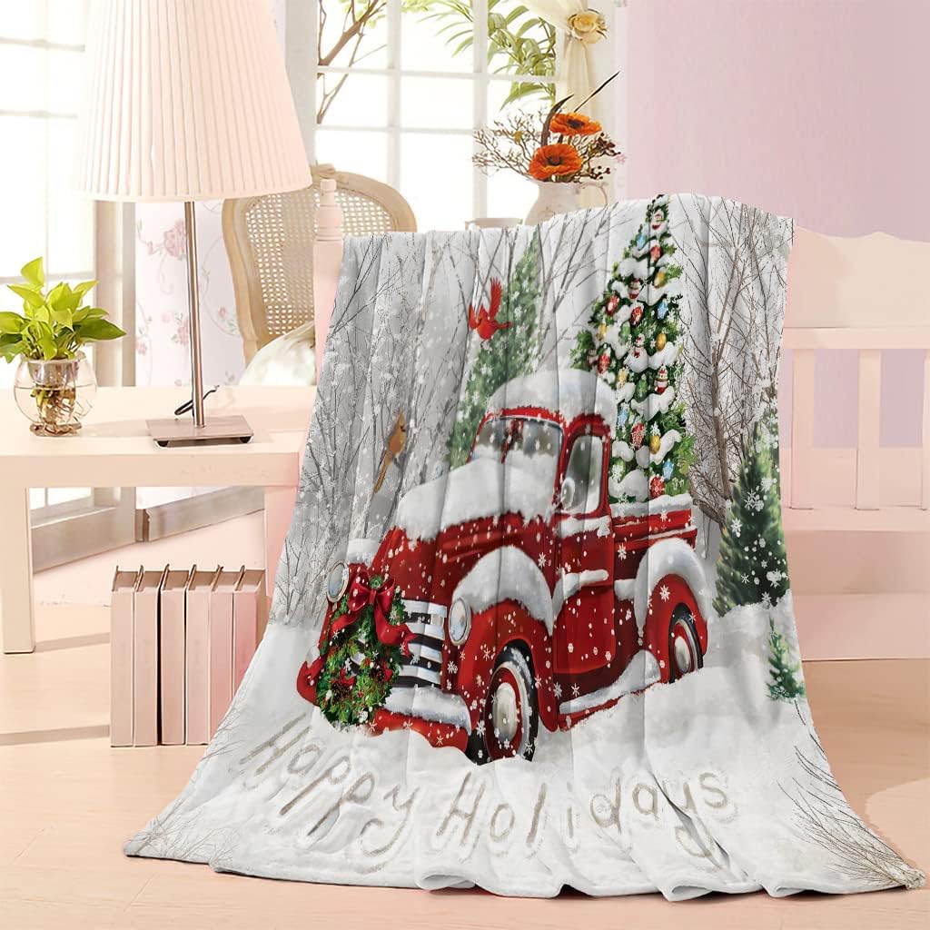 Fleece Blanket King Size Christmas Red Truck - Blanket for Bed, Sofa, Couch, Camping and Travel - Warm Lightweight Throw for Office Bedroom - Fluffy Soft Blanket King 108x90 Inches