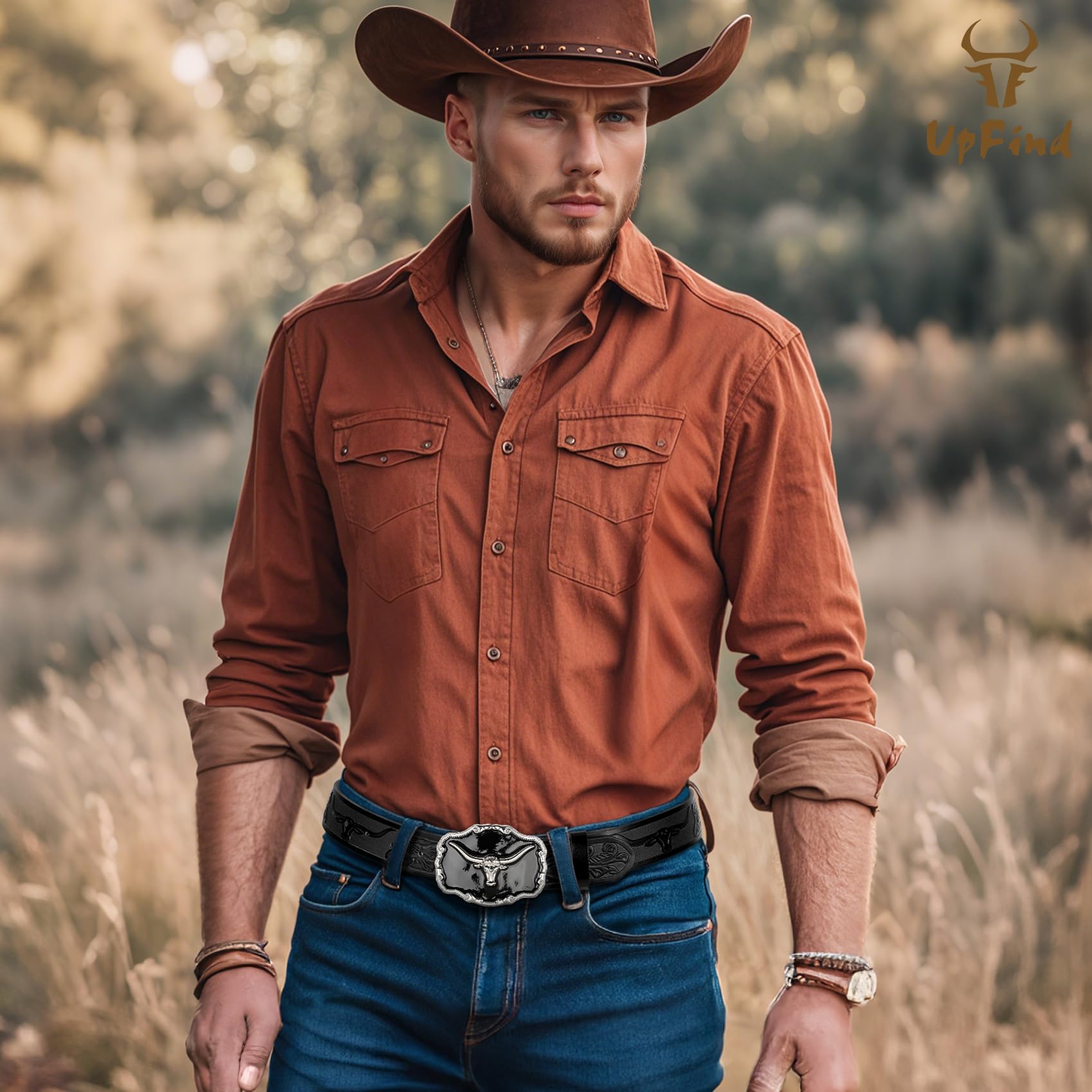 UpFind Western Leather Belts for Men Black Cowboy Longhorn Buckle Belt for Jeans Vintage Floral Embossed Country Belt