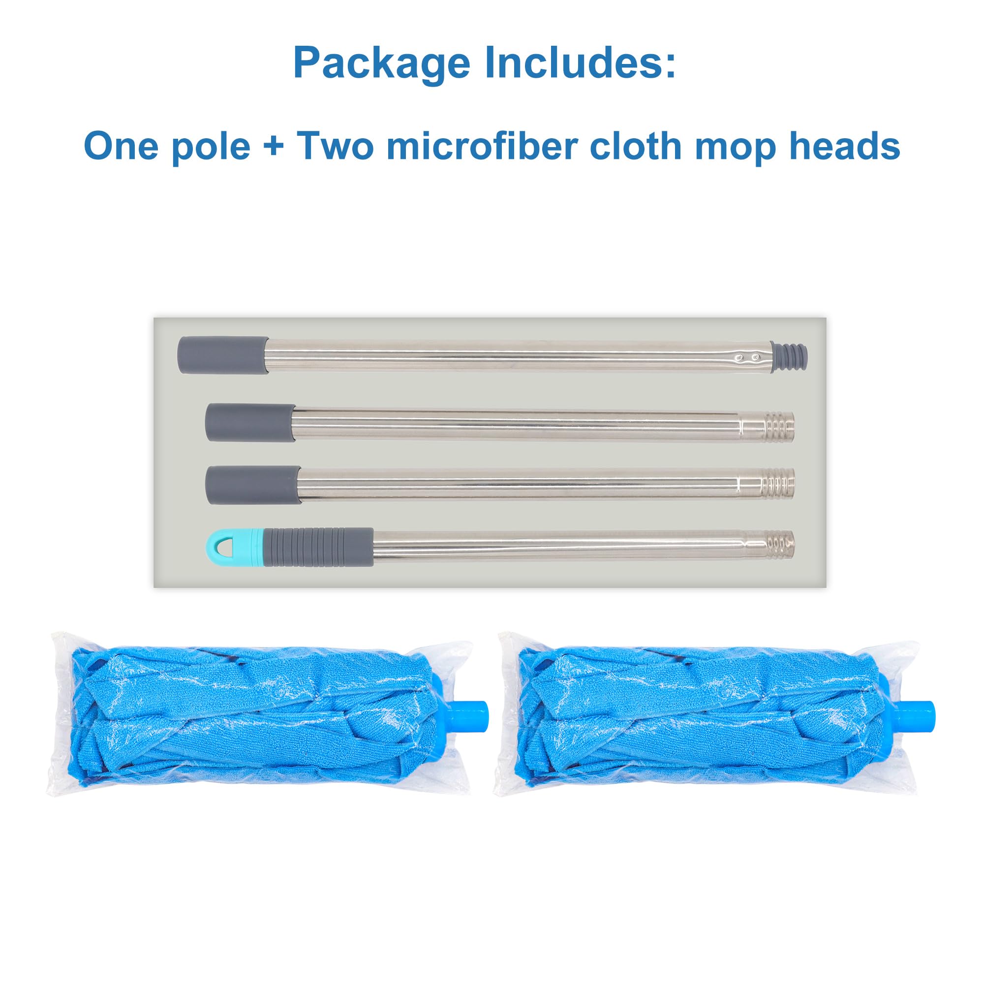 Mopa, un poste de acero inoxidable con dos cabezales de fregona de tela de microfibra azul