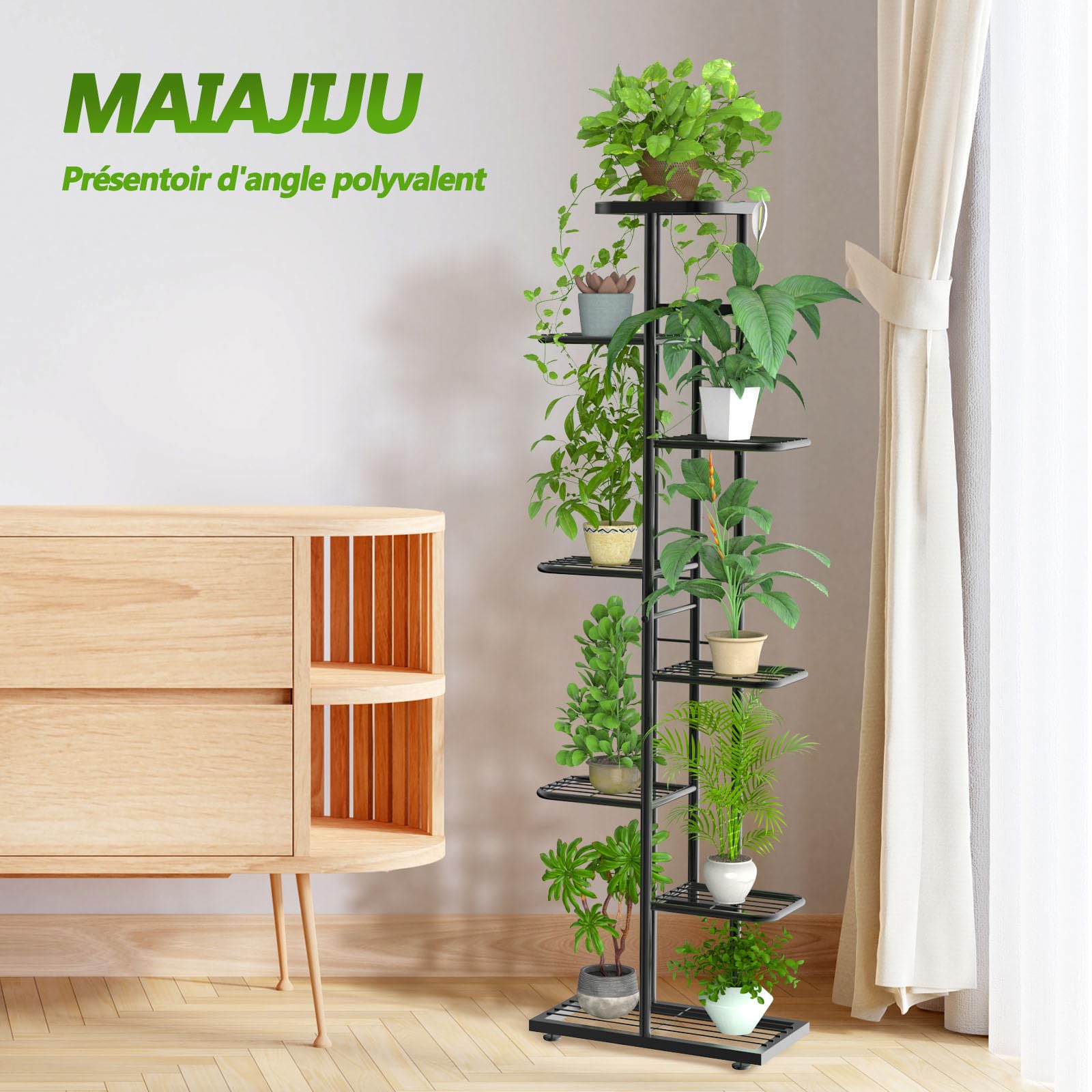 Support pour Plantes à 8 Niveaux avec Outils de Jardinage et Gants, 141cm Porte Plante Interieur en Métal pour Plusieurs Plantes, Étagère Plante Étagère à Fleurs pour Balcon Jardin, Noir