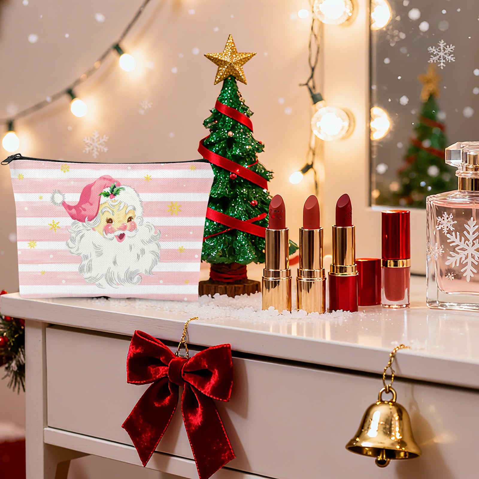 Pink Christmas Santa Claus Makeup Bag, Xmas Snowflakes Women Large Capacity Zipper Cosmetic Bag - Image 4