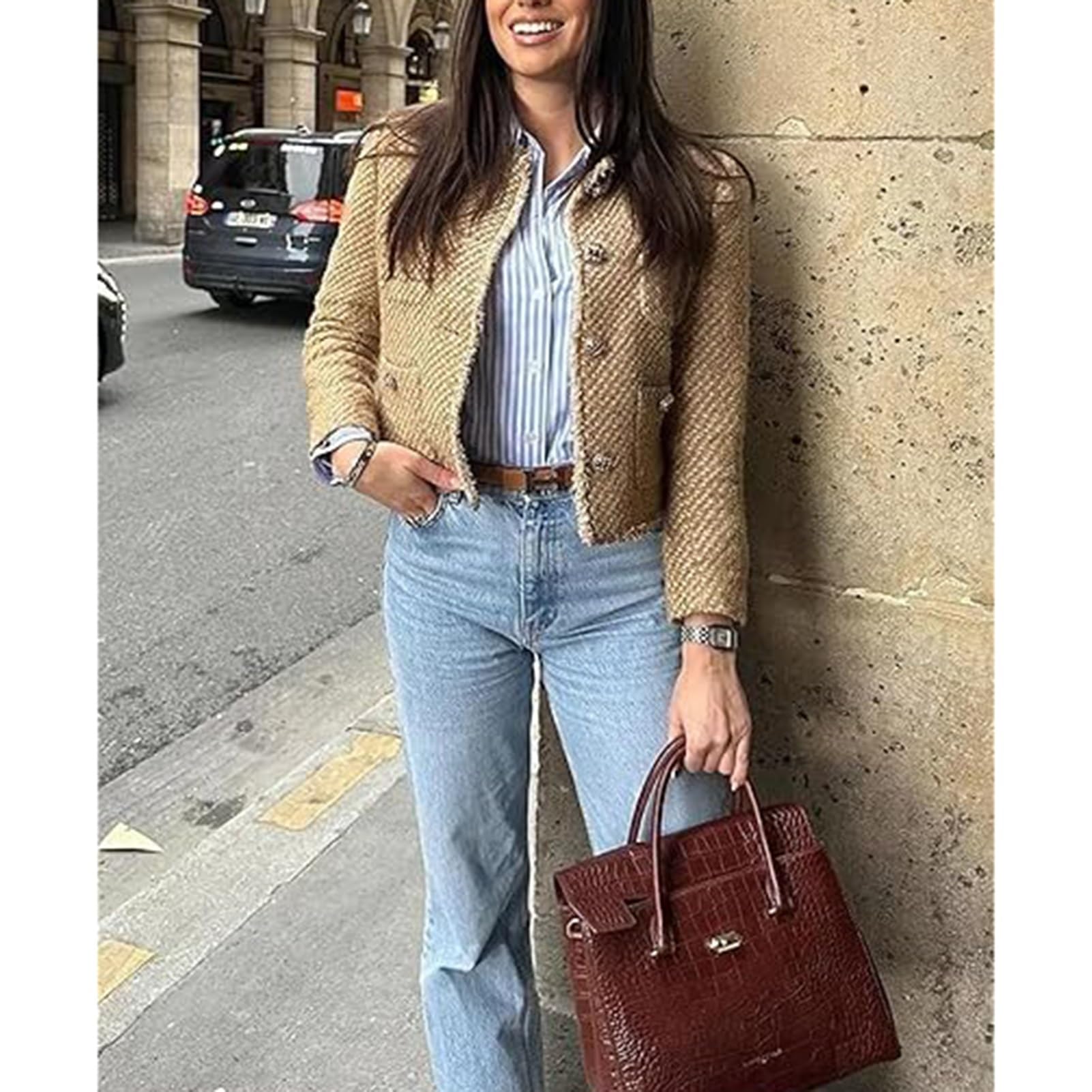 Giacca da Donna in Tweed con Tasca, Scollo Rotondo Manica Lunga Bottoni Sfilacciata Corta Cappotti da Donna Stile High Street