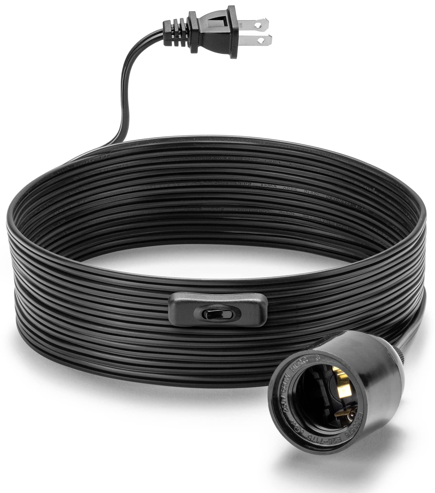 12Ft Extension Hanging Light Cord with Socket, Pendant Light Cord with E26 Base, On/Off Switch, Polarized Plug, Hanging Lantern Cable (Black - No Bulb)