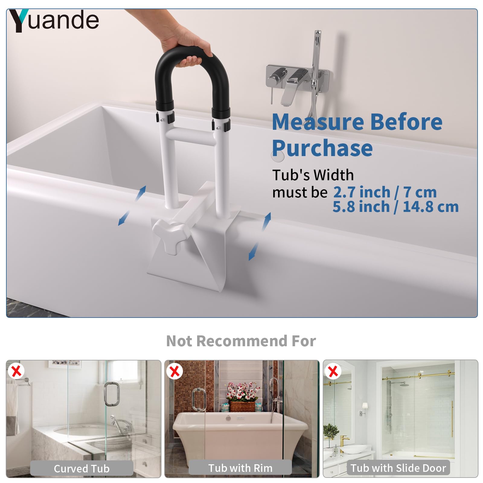 Barras de agarre para bañera con barras de agarre de ventosa, barra de seguridad ajustable de 20 x 6 pulgadas, altura y ancho, barra de agarre de mango de bañera resistente, abrazadera de