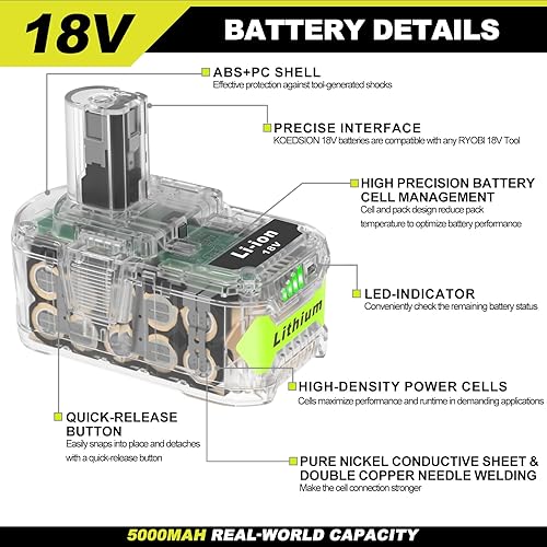 Miniatura 6 de Reemplazo de alta capacidad de 5000 mAh para batería Ryobi de 18 V P102 P103 P104 P105 P107 P108, compatible con herramientas eléctricas